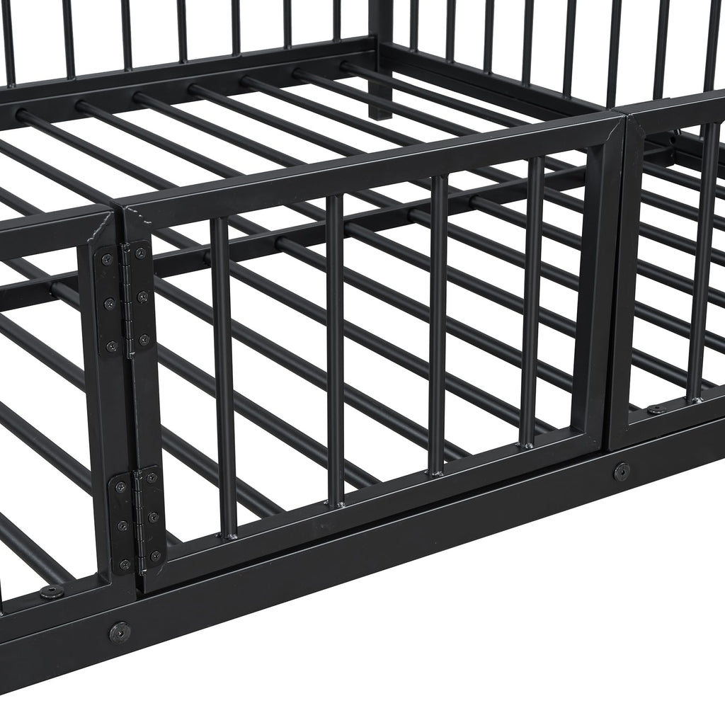 Bellemave Full Over Full Bunk Bed with Slide and Ladder, Metal Low Bunk Bed for Kids, Girls, Boys, Removable Fence, with Door, Black