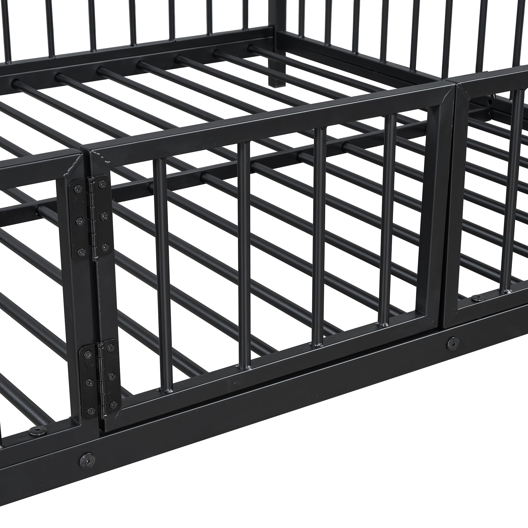 Bellemave Full Over Full Bunk Bed with Slide and Ladder, Metal Low Bunk Bed for Kids, Girls, Boys, Removable Fence, with Door, Black