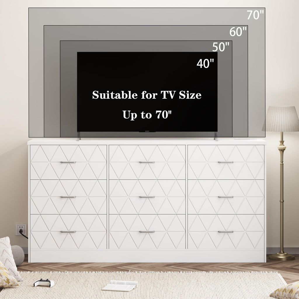 GAOMON 63'' Large Dresser for Bedroom with Power Outlet, 9 Drawers Dresser for Bedroom, Modern Chest of Drawers for Closet, Storage Organizer for Living Room, Hallway, b, Om,