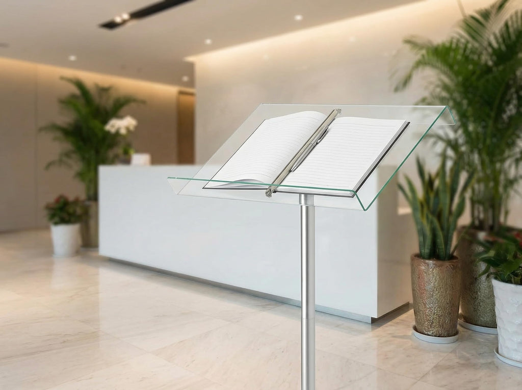 Deflecto Lectern Without Ring Binder Floor Stand – Silver/Clear - Acrylic Sign Holder - Base Stand for Speech - Music Stands