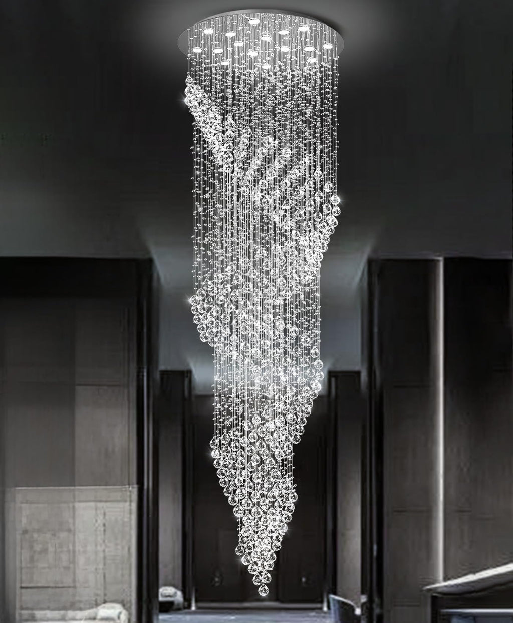 cenozo D40'' x H120'' Crystal Chandelier for Staircaes Glam Chandelier Large Raindrop Chandeliers LED Dimmable High Ceiling Light Fixtures for Hallway Foyer Silver