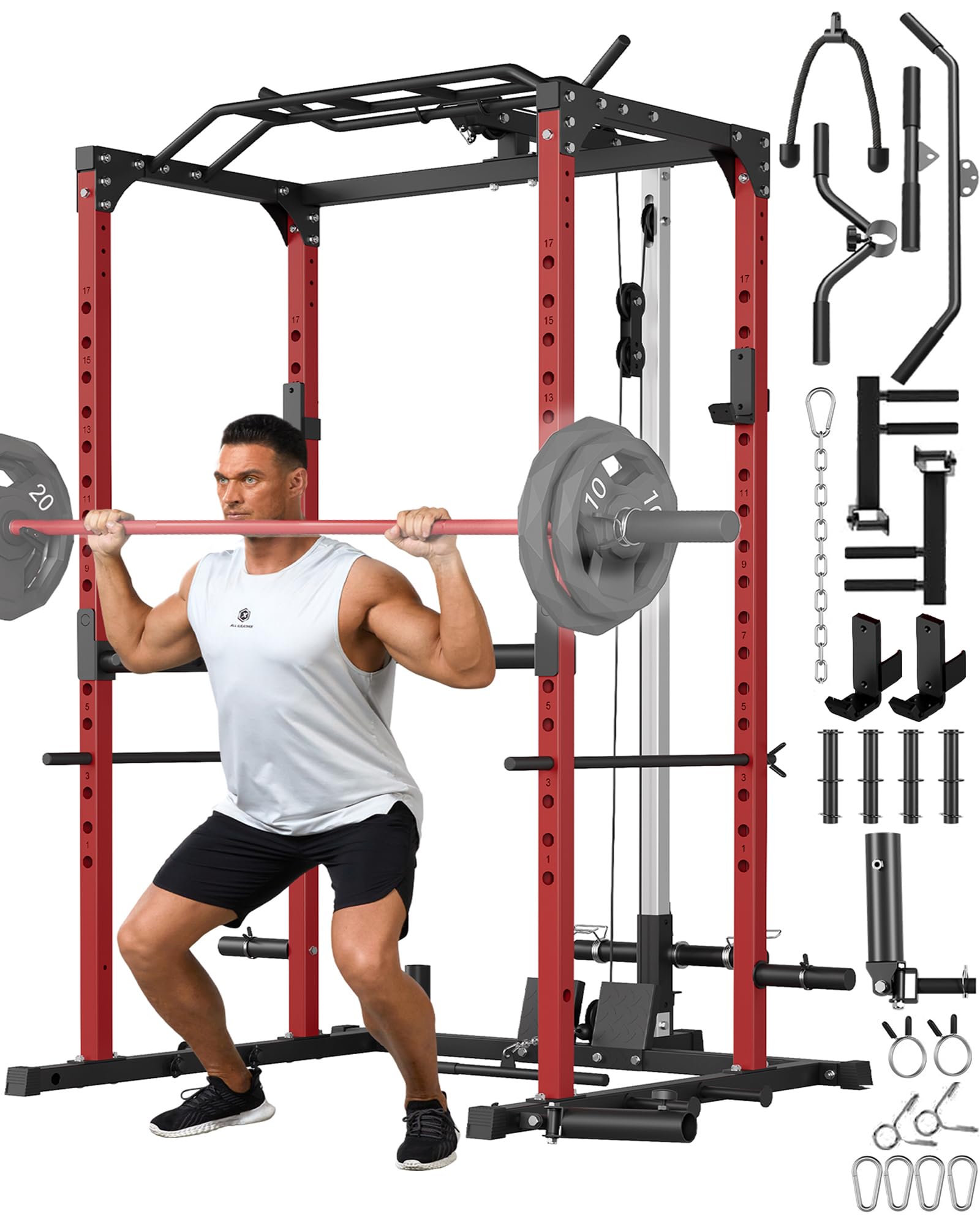 GarveeLife Power Cage, Power Racks for Home Gym with Pulley System, 1200 LBS Weight Capacity Multi-Functional Squat Rack for Strength Workout with More Training Attachment (Red D1002)