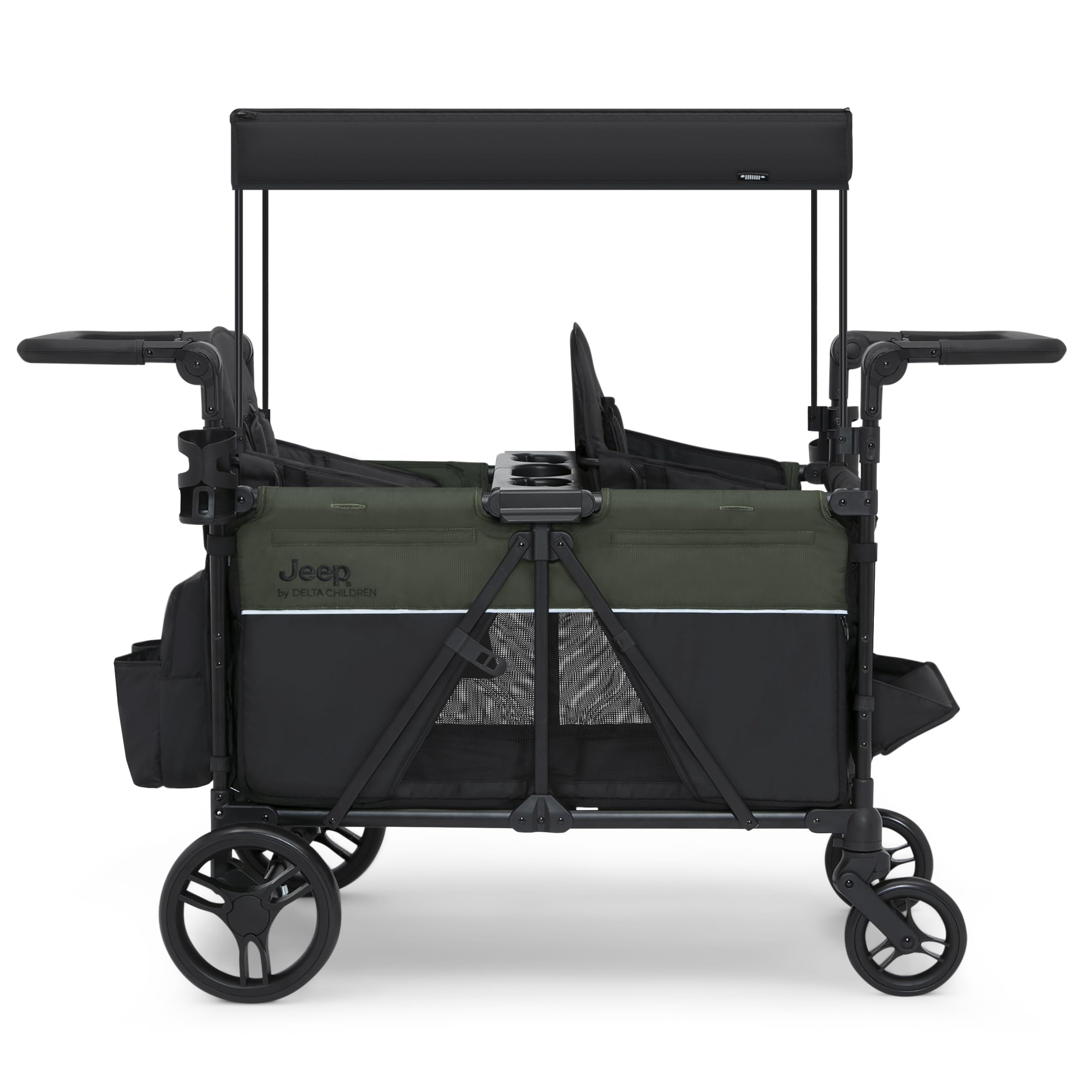 Jeep Aries Stroller Wagon by Delta Children Premium Wagon for 2 Kids with Convertible Seats, Adjustable Push/Pull Handles, Removable Canopy & Flat Fold - Greenguard Gold Certified, Black/Green