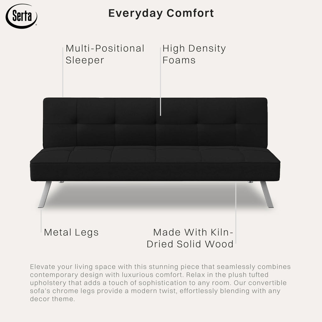 Serta® Rane Futon Sofa Bed 66.1", 3-in-1 Convertible Couch Sleeper for Small Spaces, Tufted Back, Twin Size Guest Bed, Black Woven Fabric
