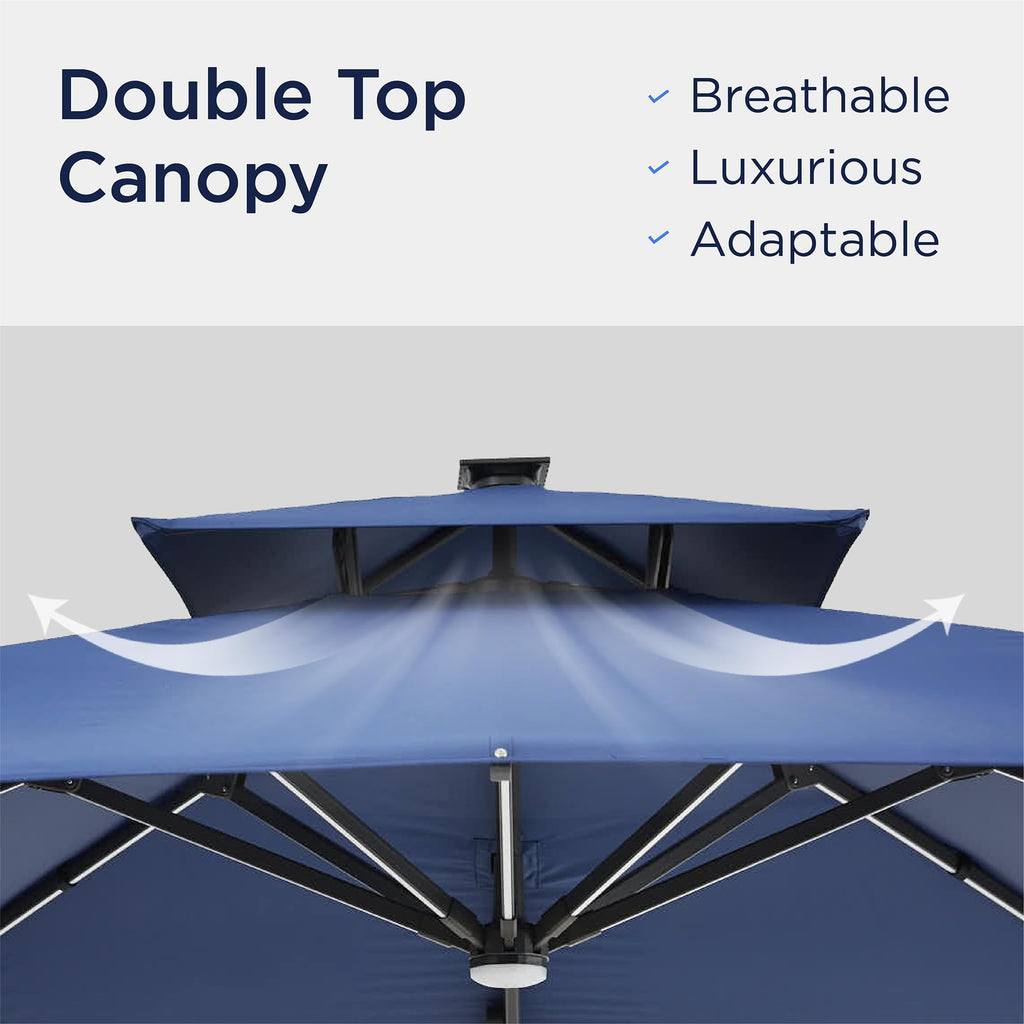 Deconk 10x10 FT Cantilever Patio Umbrella with Led Lights Double Top Outdoor Square Heavy Duty Offset Umbrellas 360°Rotation Free-motion Track Tilt Windproof for Pool Deck Garden, Navy