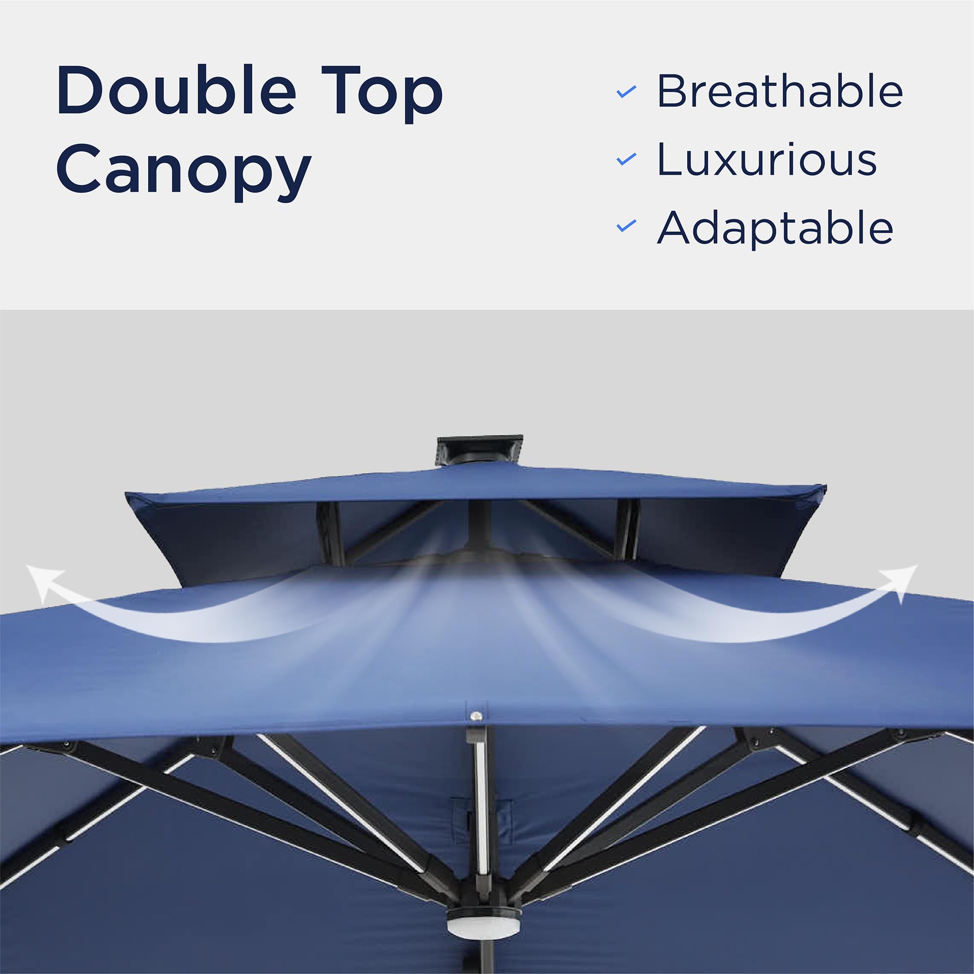 Deconk 10x10 FT Cantilever Patio Umbrella with Led Lights Double Top Outdoor Square Heavy Duty Offset Umbrellas 360°Rotation Free-motion Track Tilt Windproof for Pool Deck Garden, Navy
