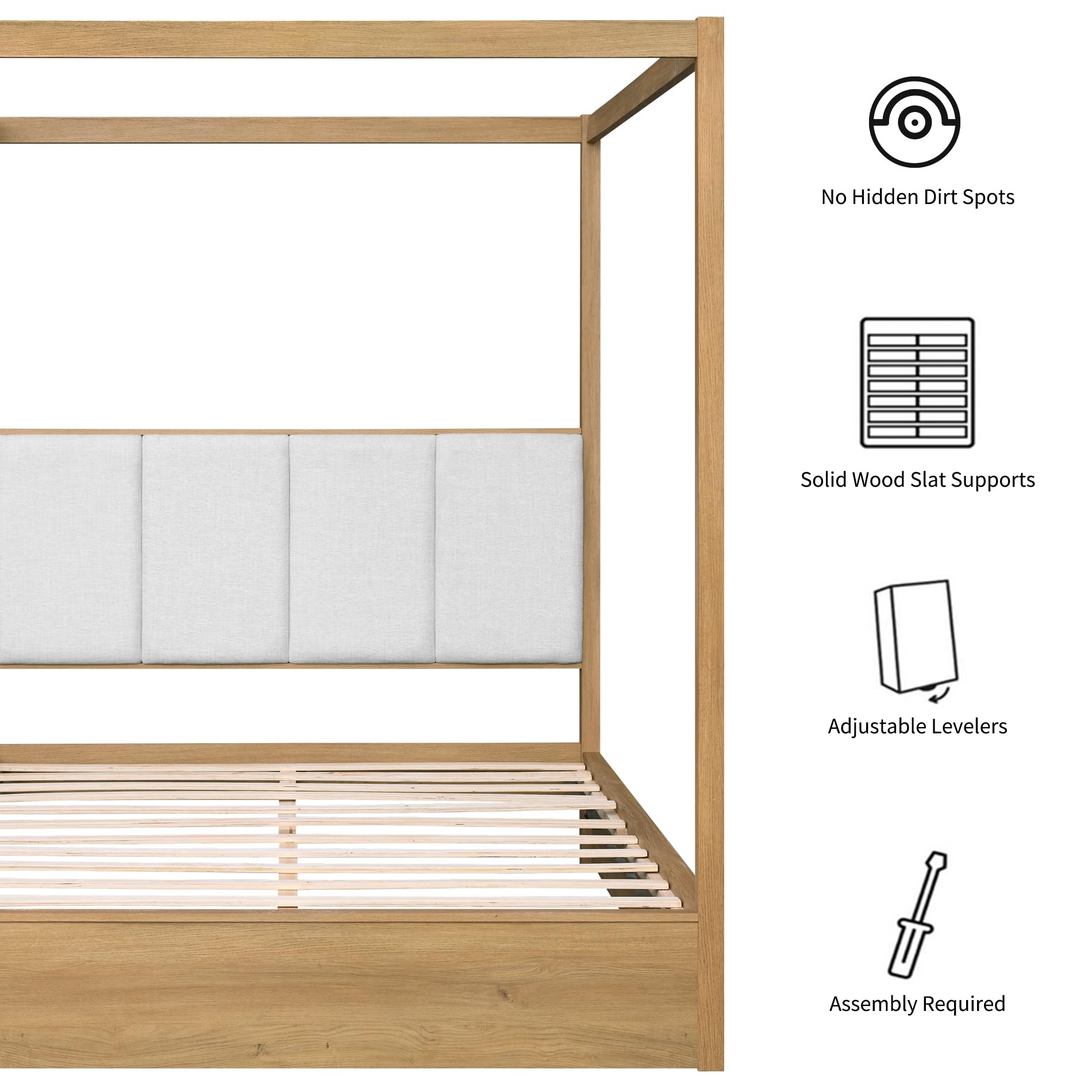 WAMPAT Wood Canopy Bed Frame Queen Size, Solid Wood Poster Bed with 12 Slats and Support Legs, 800 lbs Capacity, No Box Spring Needed, Modern Oak Wooden Bed with Upholstered Headboard for Bedroom