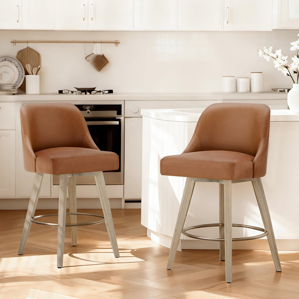 Counter Height Bar Stools Set of 2, Modern Swivel Barstools with Back and Wood Legs, Faux Leather Upholstered Bar Chairs, 26" Seat Height Counter Stools for Kitchen Island,Brown