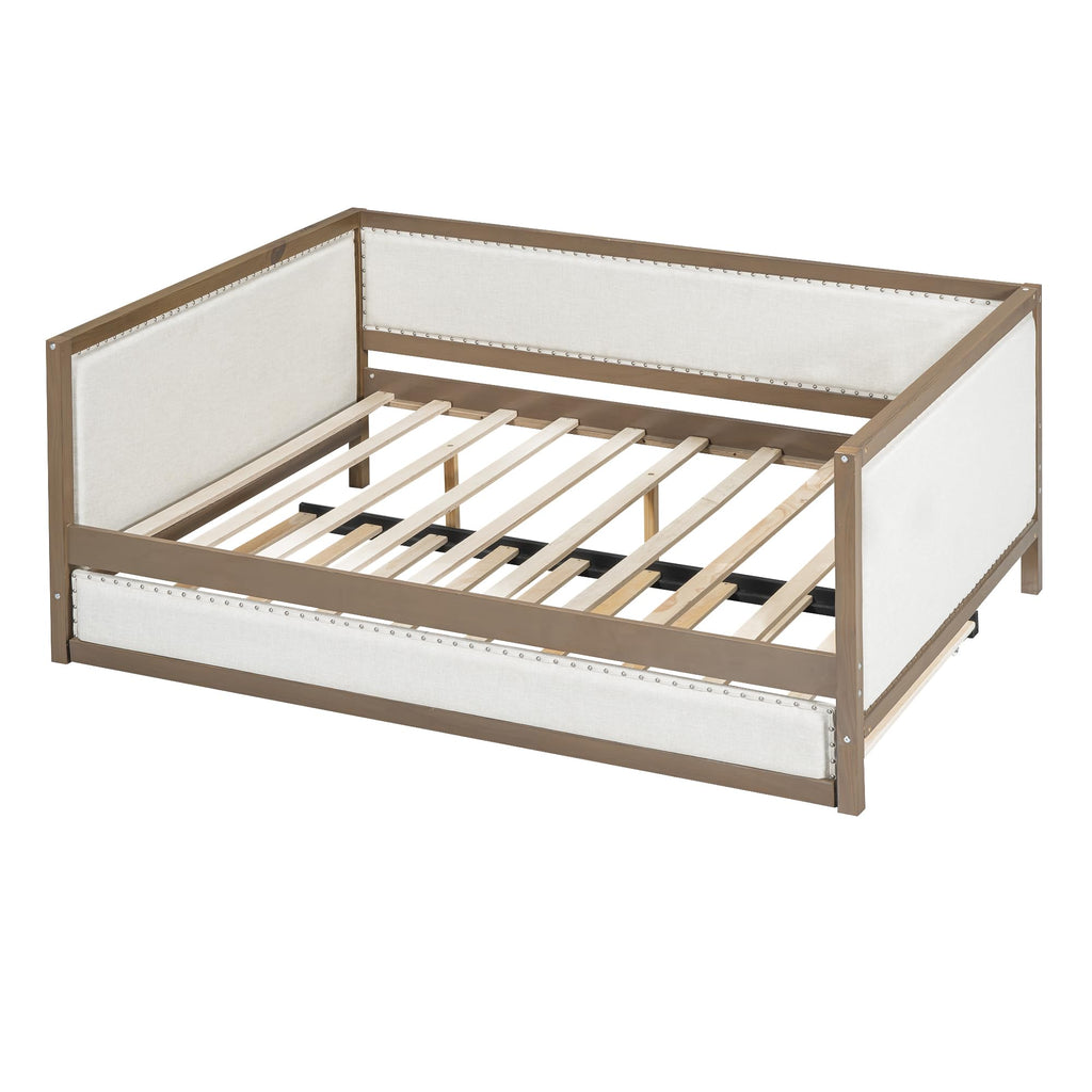 GDFStudio Full Size Upholstered Daybed with Trundle, Linen Sofa Bed with Nailhead Trim, Wood Frame Slat Support, No Box Spring Needed, Space Saving Guest Bed for Bedroom Living Room