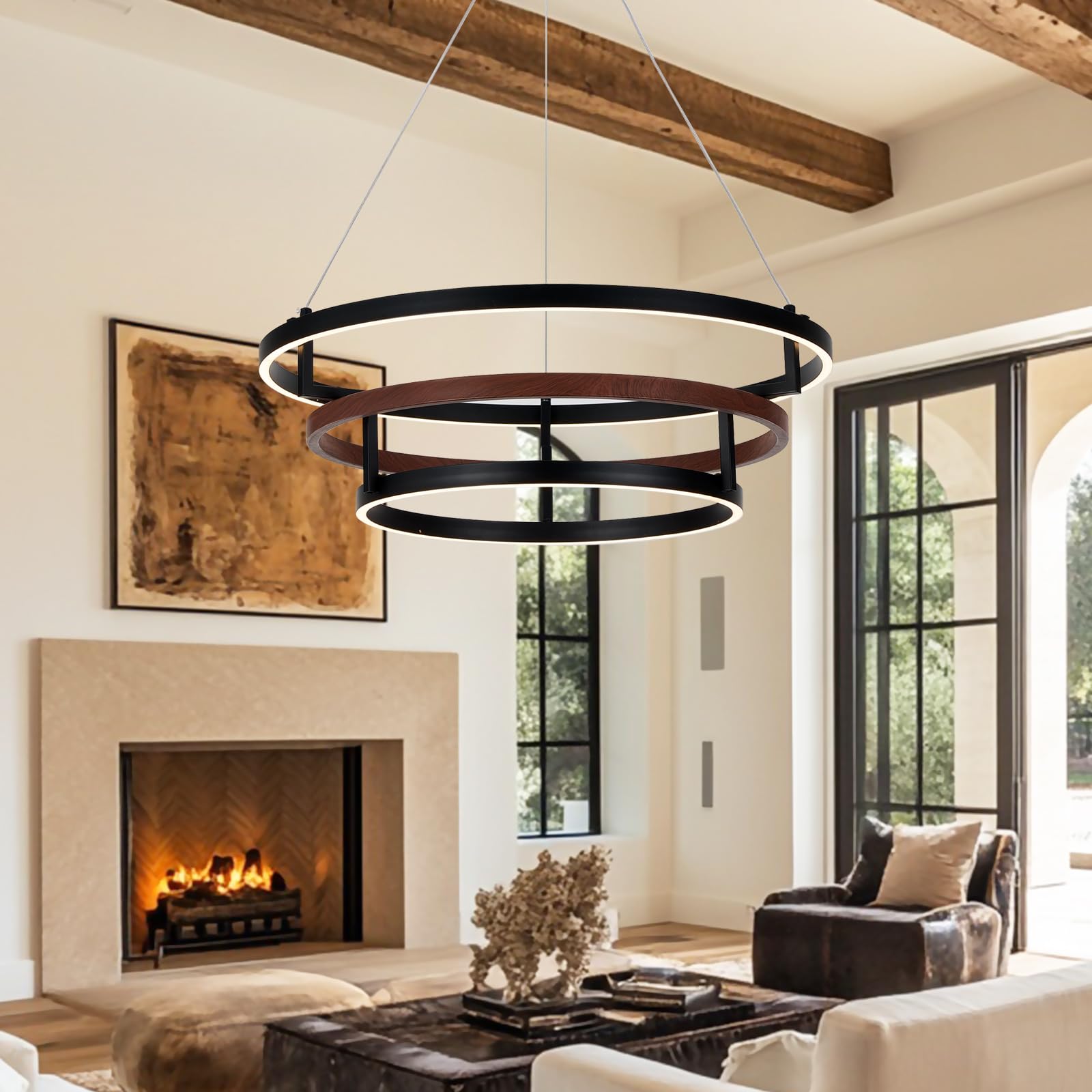 Three-Ring 48-inch glod Vintage Wood-Grain Farmhouse LED Chandelier with Remote Control and dimmable Brightness, Suitable for Dining Room, Kitchen, and Living Room. (glod-48)