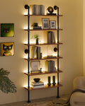 Anynice 6-Tier Ladder Shelf with Warm LED Light Strip, Solid Pine Wood Wall Mounted Bookshelf in Walnut Brown, 36-Inch Industrial Pipe Bookcase for Living Room, Bedroom, Home Office