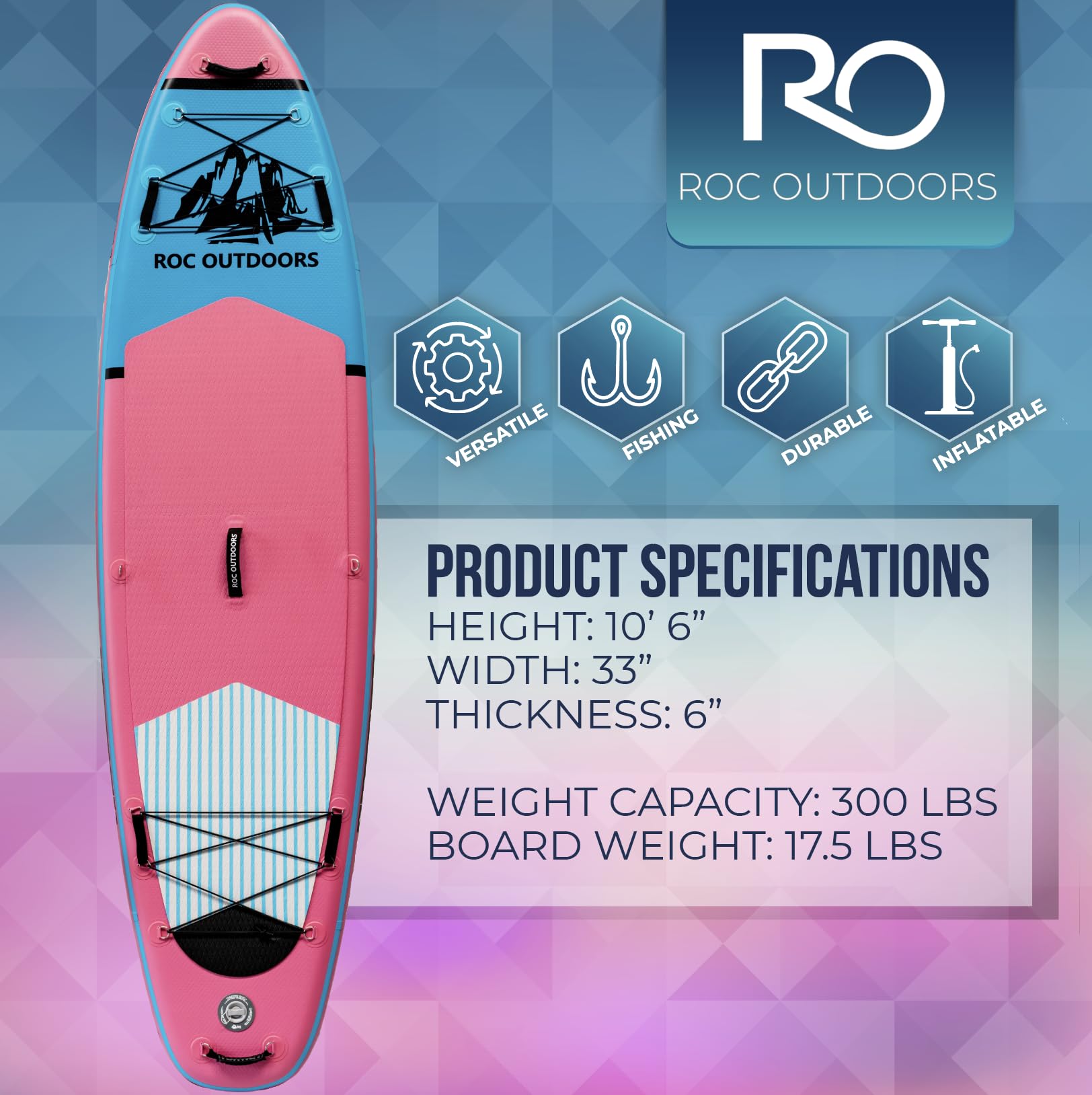 Roc Inflatable Stand Up Paddle Board 10' 6" with Premium SUP Paddle Board Accessories, Wide Stable Design, Non-Slip Comfort Deck for Youth & Adults (Pink)