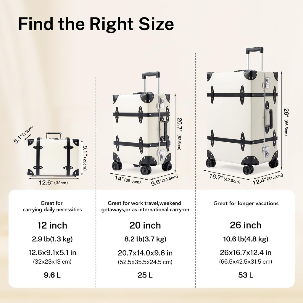universal trotter Vintage PU Leather Luggage Set, Retro Trunk Suitcase with Wide Aluminum Frame, TSA Key Locks and Smooth 360° Spinner Wheels (Ivory Signature,26"+12")