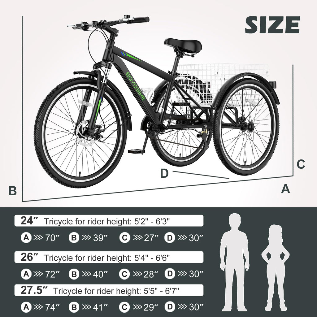 H&ZT Adult Tricycle, 3 Wheeled Bike, Trike Cruiser Bike, with 7-Speed Gear, Parking Brake Handle, Low Step, Large Rear Basket, Elderly Friendly, for Men, Women, and Teens