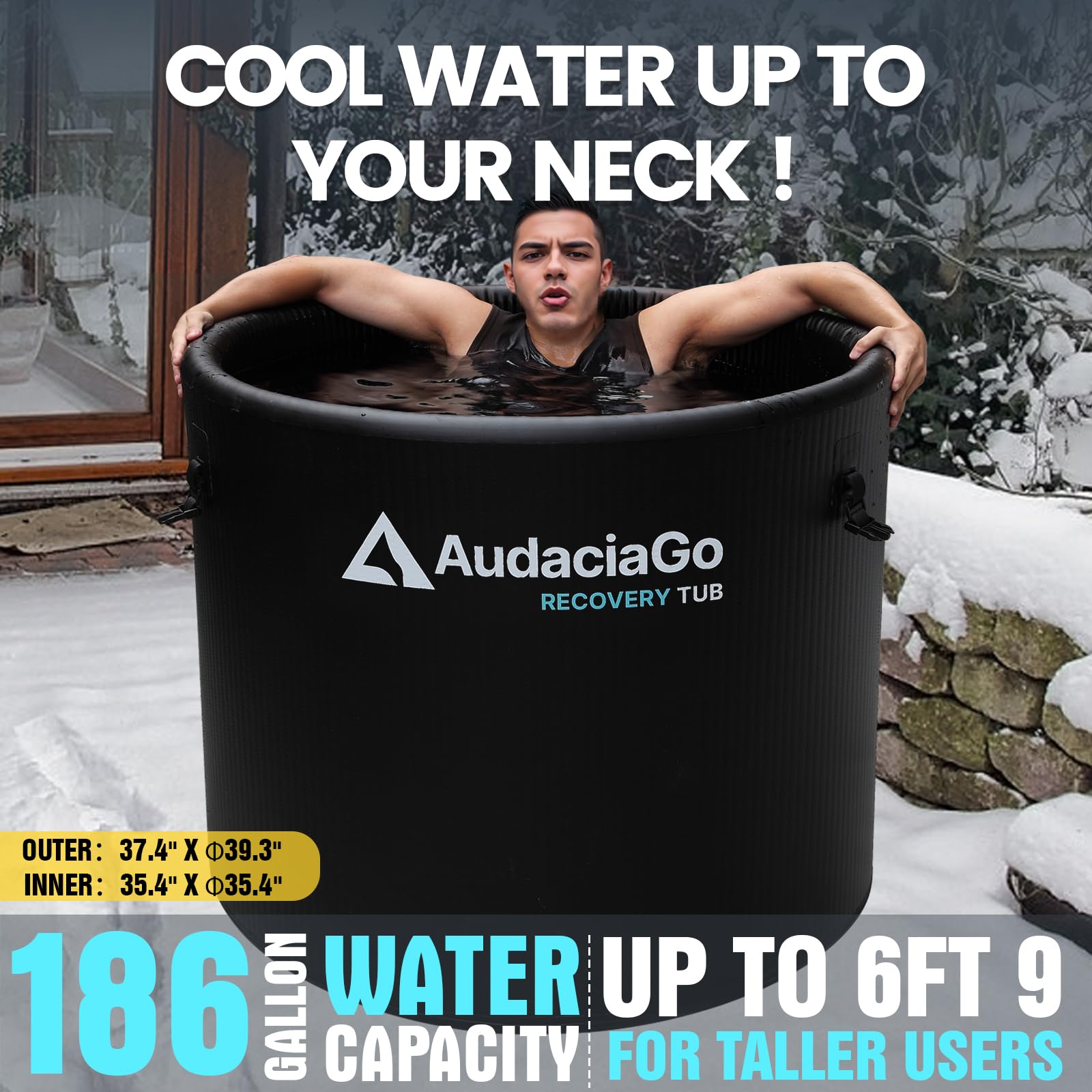 XXL Ice Bath Tub for Athletes, Compatible with Water Chillers, 186-Gallon Inflatable Cold Plunge Tub with Insulated Lid, Step, Thermometer, Water-Absorbent Mat, Portable for Outdoor & Indoor Recovery