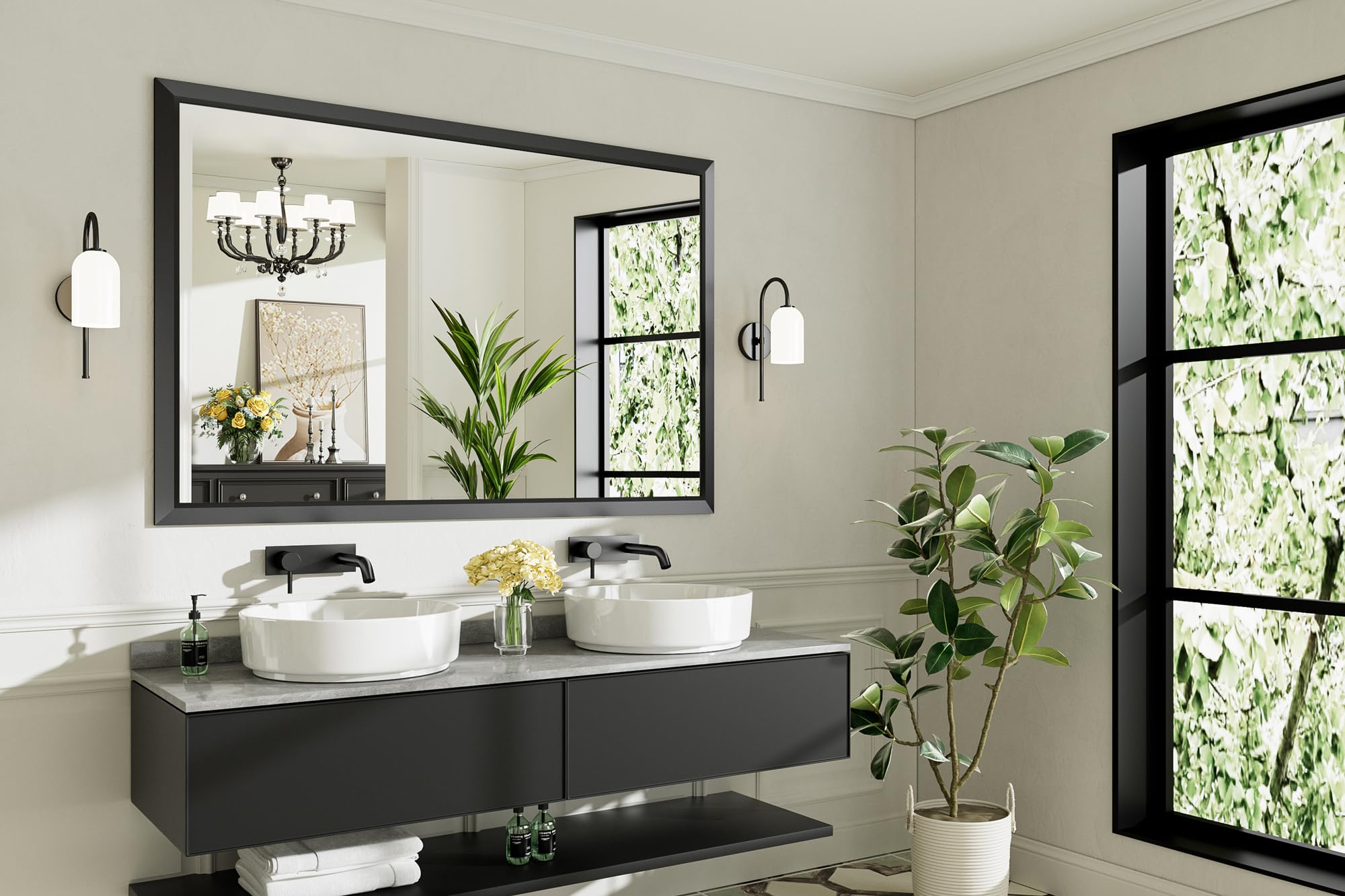 Briivue 60x40 Inch Black Bathroom Mirror for Wall, Thick Metal Framed Rectangle Mirrors for Over Sink, Bedroom, Living Room, Entryway, Anti-Rust, HD Tempered Glass