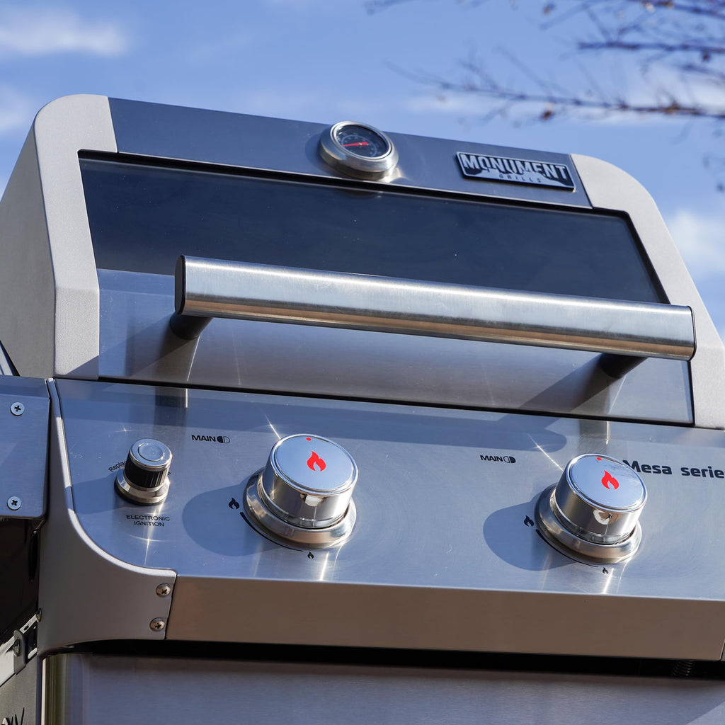 Monument Grills 2-Burner Stainless Steel Liquid Propane Gas Grill, Two Foldable Shelves Patio Garden Barbecue Grill with Clearview® Lid, Knob Control Mesa200S