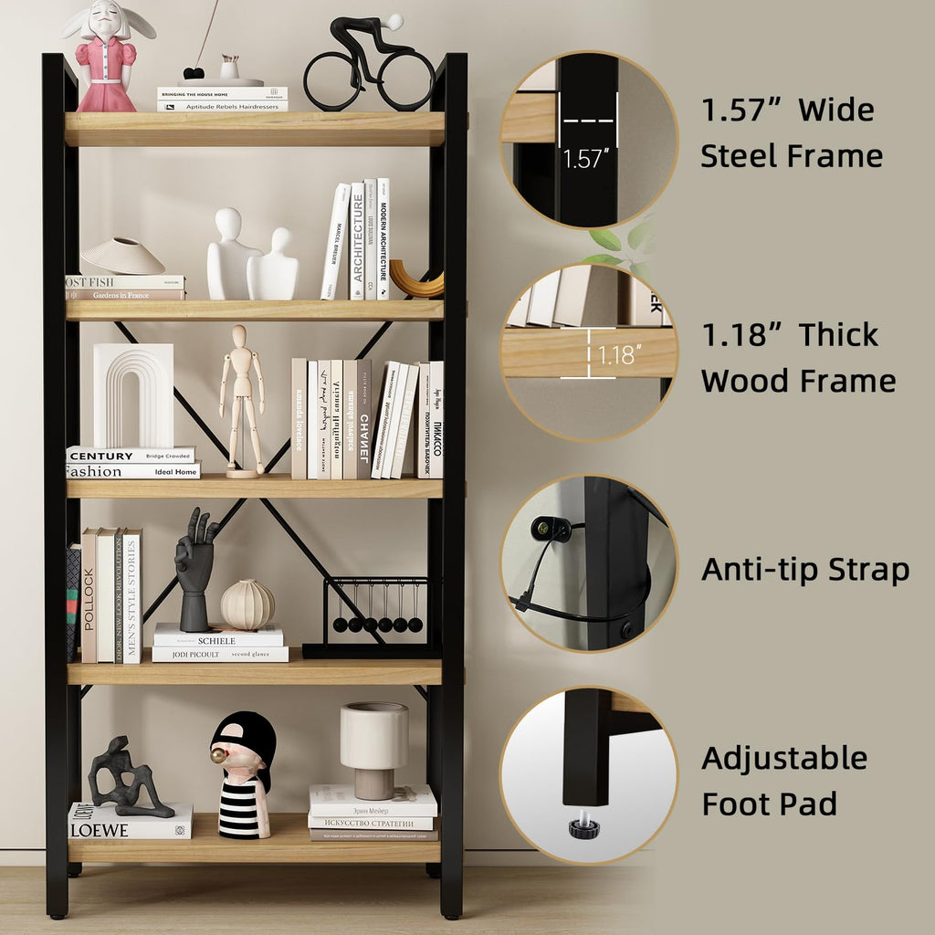 WH-AOERPUMY Real Solid Wood Bookshelf Shelves Rustic Vintage Industrial Etagere Bookshelf, Metal & Timber Free Vintage Bookcase, (Genuine Timber) (5-Tiers-Natural Finish)