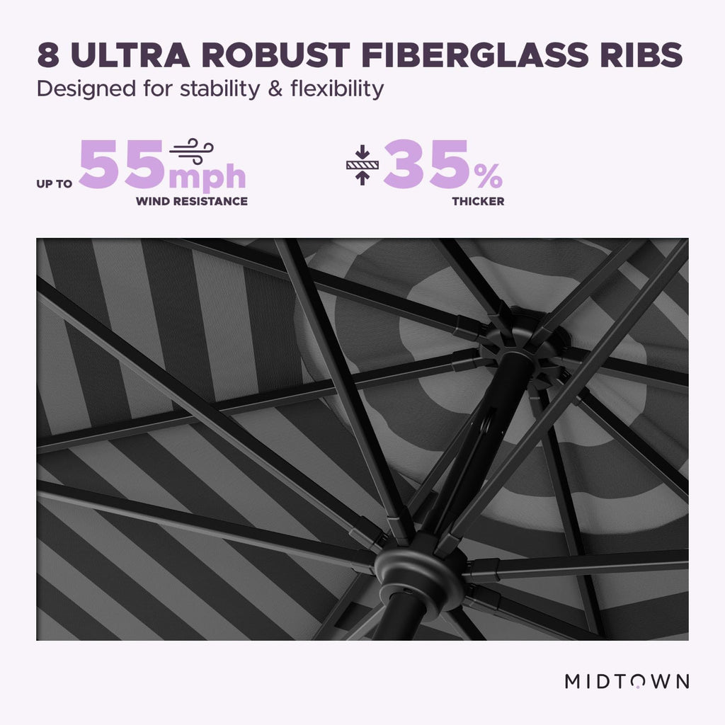 Midtown Umbrellas – The Swilt 9 Ft Patio Umbrella with 360° Swivel & Tilt Mechanism, Sunbrella Fabric & 8 Fiberglass Ribs – Outdoor Umbrella for Deck, Pool & Cafes – Black & White Canopy, Black Pole