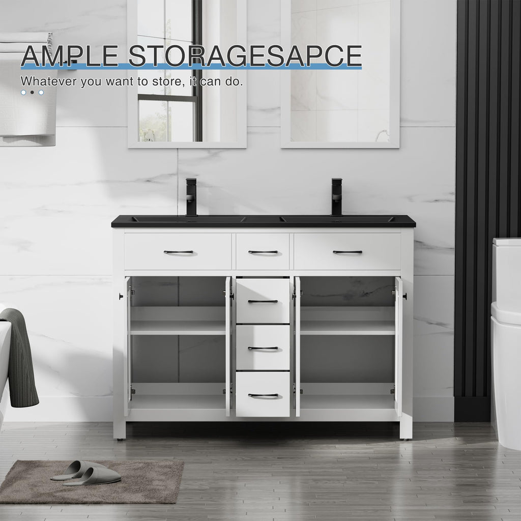 LUCKWIND 48" Modern Bathroom Vanity with Sink Combo, Contemporary Painted Storage Cabinet and Double Black Sink, Include Soft-Closing Doors & Matte Black Faucet, White