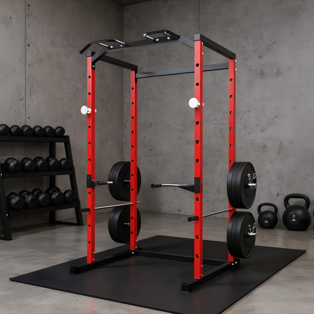Garvee Power Cage, Squat Rack for Home Gym, 1100LB Capacity Power Rack with Pull-Up Bar, Adjustable Safety Bars, Strength Training for Home Gym, Red