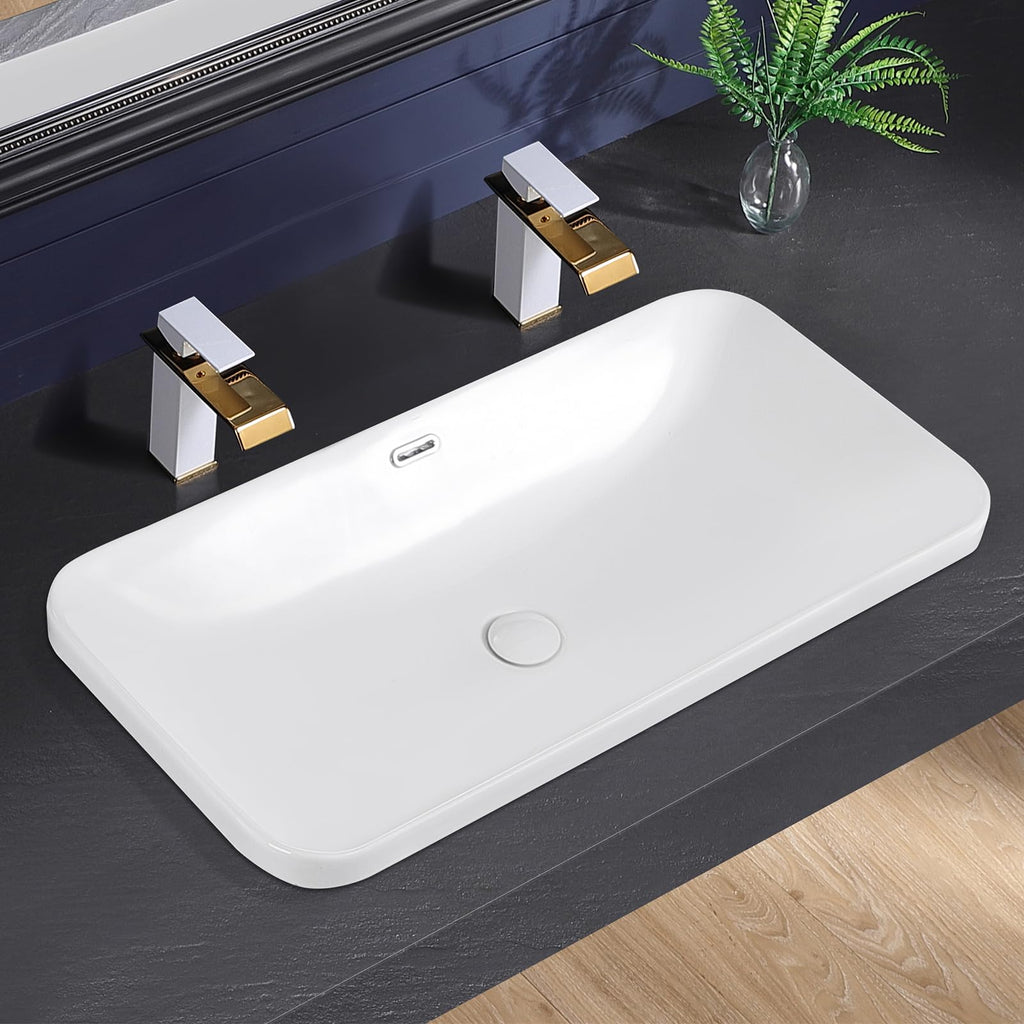 KMOEM Vessel Sink 32"x17" Semi Recessed Bathroom Sink Drop-in Bathroom Sink Support Dual Faucet Installation White Porcelain Ceramic Modern Rectangular Vanity Sinks with Overflow