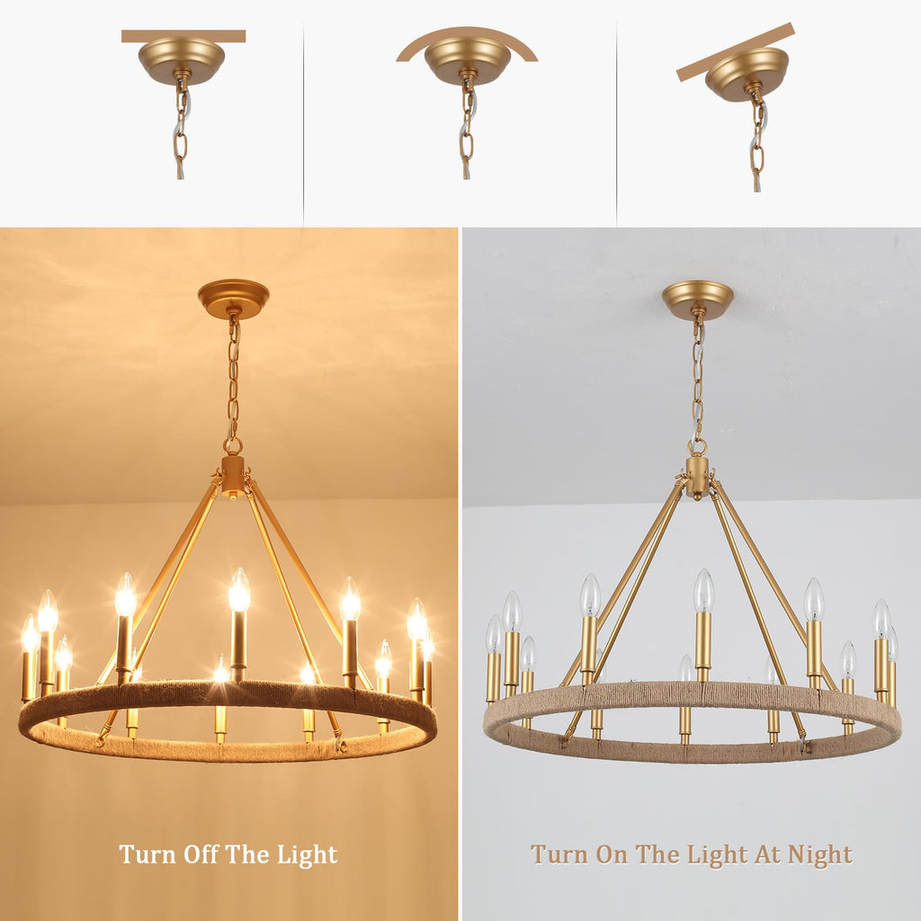 ASHUAQI 26" Gold Wagon Wheel Chandelier, 12-Light Farmhouse Chandelier for Dining Room, Gold Pendant Light Fixture for High Ceiling Living Room Foyer Entryway