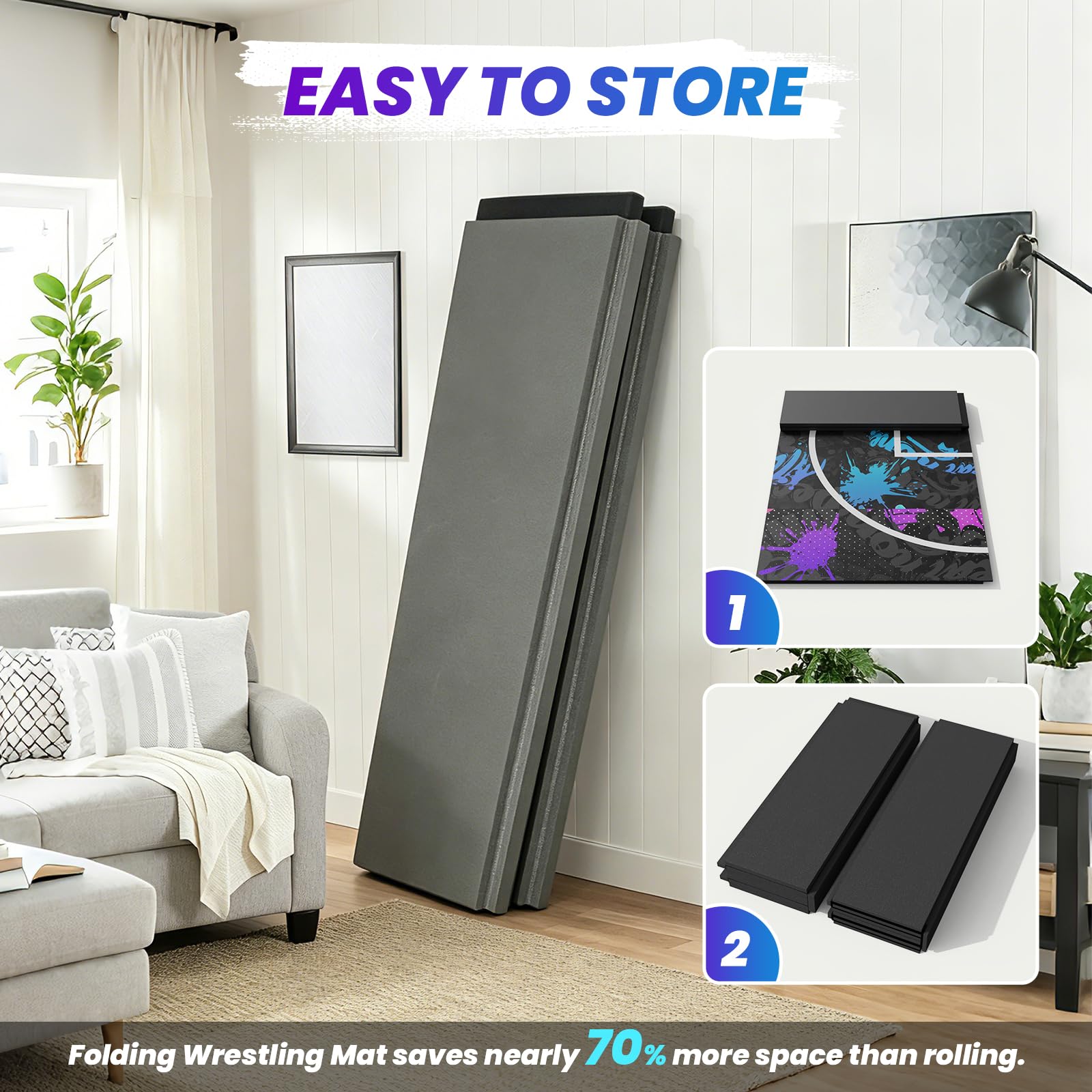 VOVERTAC Foldable Wrestling Mat - 3cm Thick Foam BJJ Mats for Home, Folding Wrestling Mats for Garage, Non-Slip Jiu Jitsu Mats for Grappling, Judo, Martial Arts, Kids & Outdoor