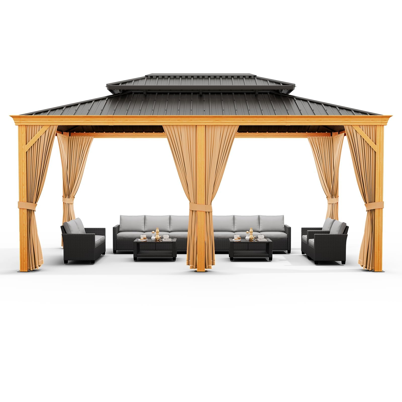 GAOMON Heavy Duty Aluminum Hardtop Gazebo with Double Metal Roof – Mosquito Netting & Privacy Curtains – Durable Outdoor Pavilion for Patio, Garden, Deck, Backyard, Lawn – Black Spray, Gray Cloth,
