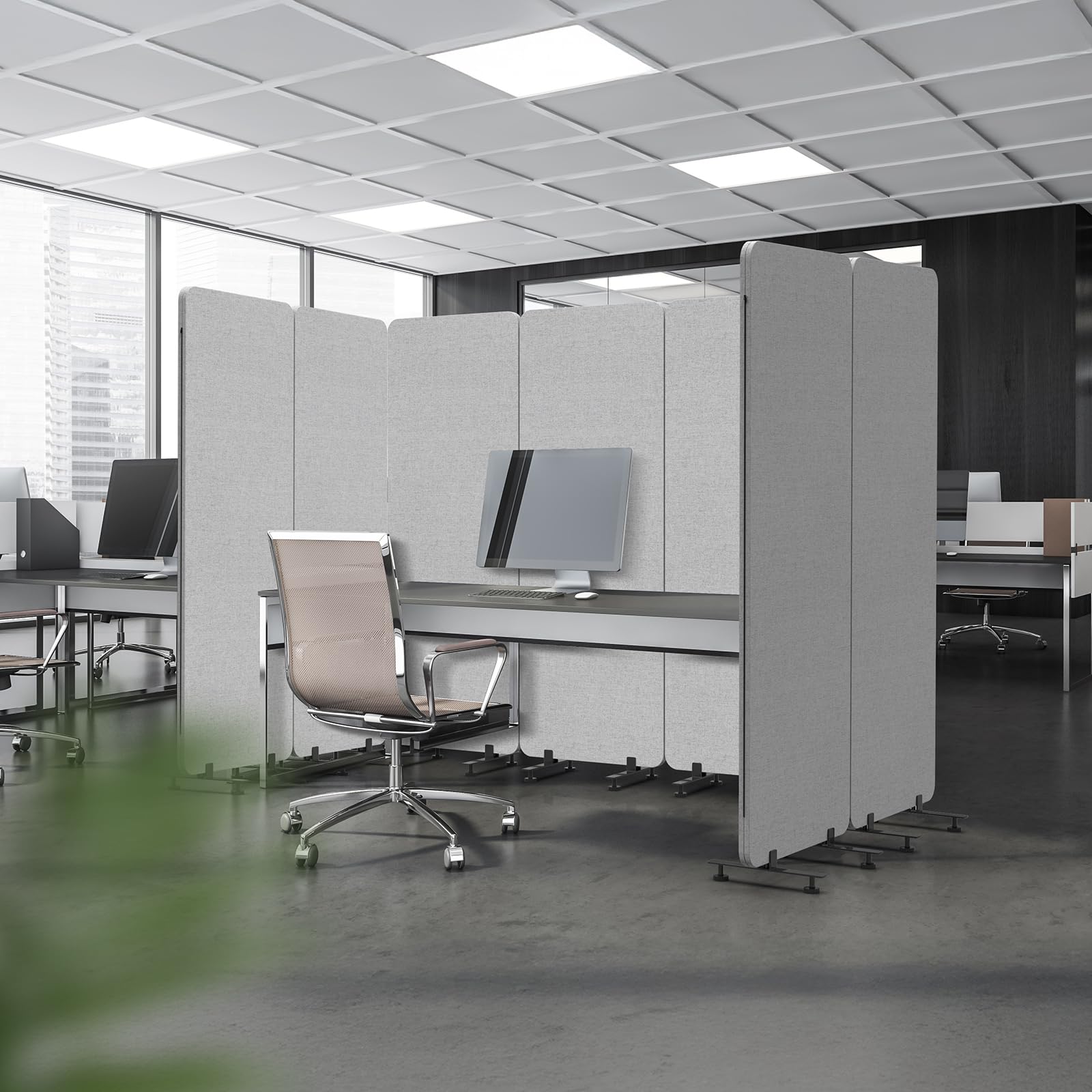 VINGLI Room Divider Screen, Freestanding Privacy Partition Wall, Zipper Connected Panels with Wheels, Office Space Separator (Light Gray, 3 Panel)