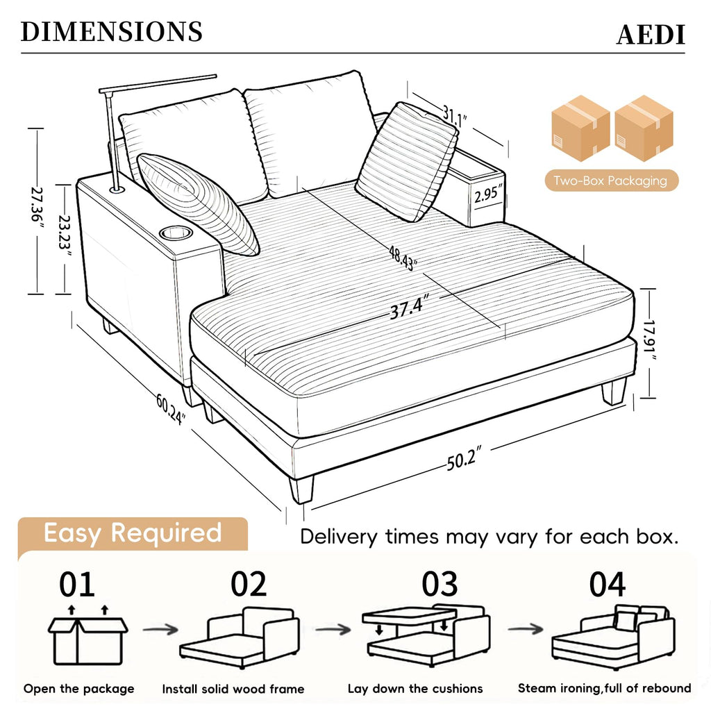 AEDI Oversized Chaise Lounge Chair with Reading Light & USB Charging,Sleeper Sofa with Cup Holder, Solid Wood Frame,for Living Room,Bedroom(Corduroy Beige)