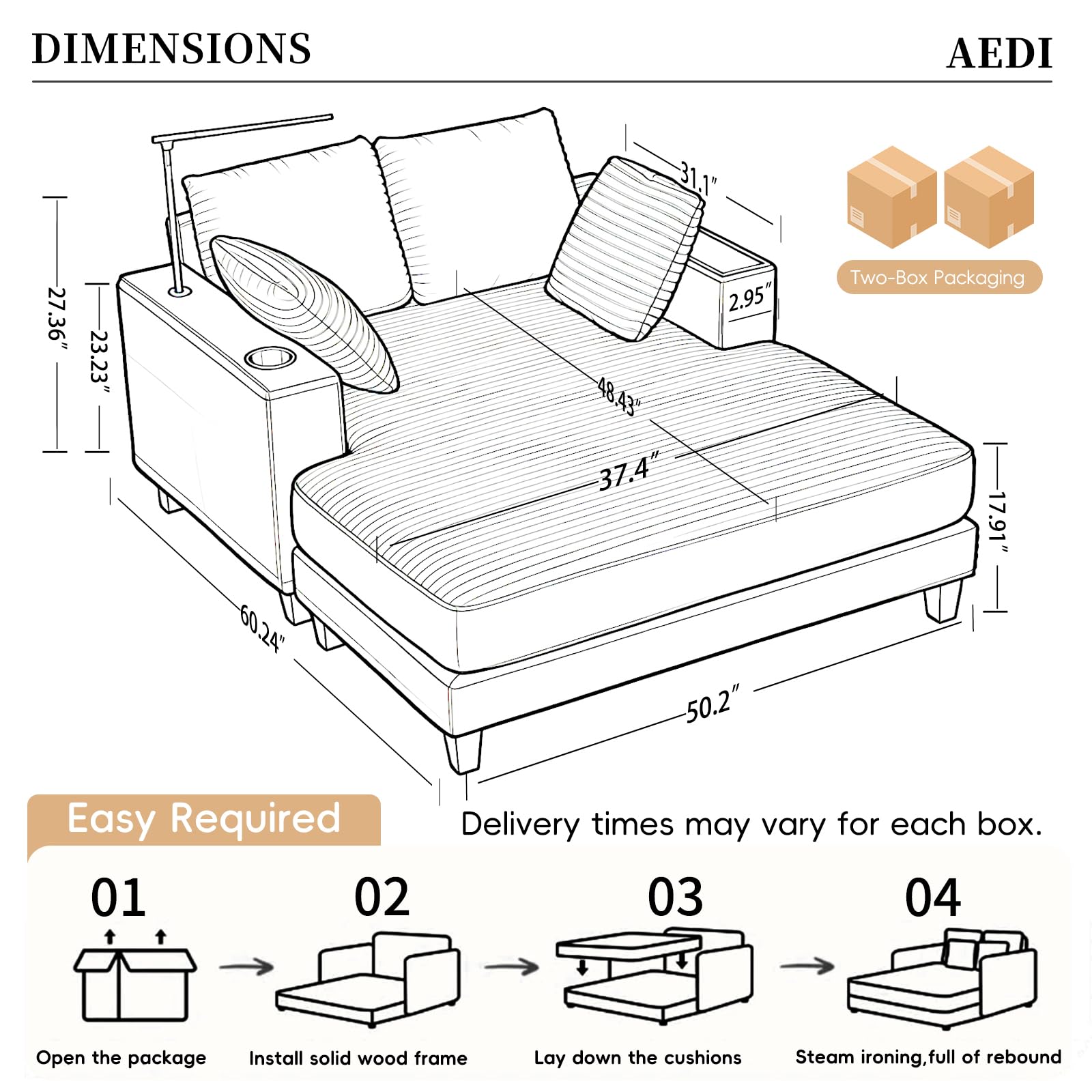 AEDI Oversized Chaise Lounge Chair with Reading Light & USB Charging,Sleeper Sofa with Cup Holder, Solid Wood Frame,for Living Room,Bedroom(Corduroy Beige)
