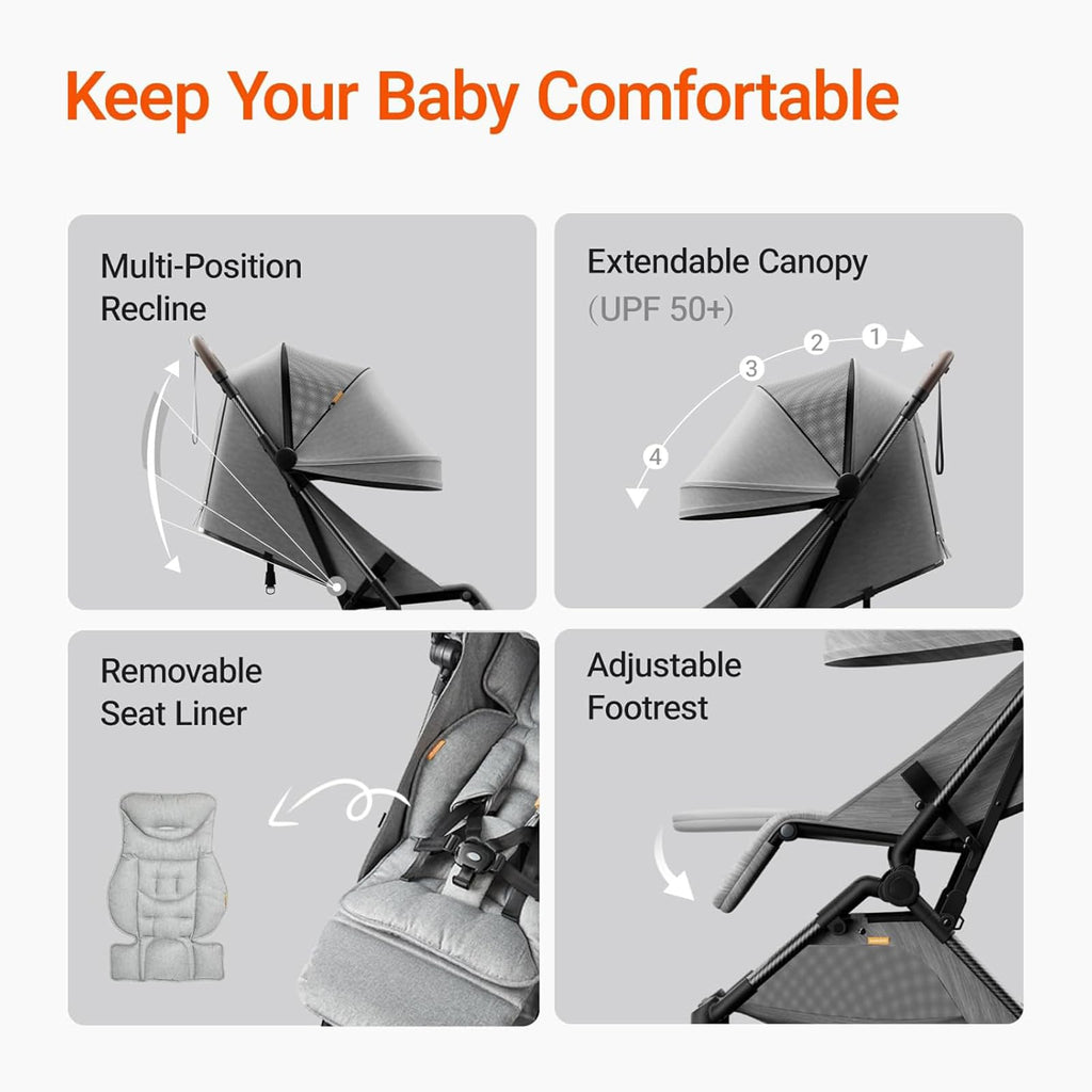 MAMAZING Ultra Air Lightweight Baby Travel Stroller with Carbon Fiber Frame, Compact & Airplane-Friendly, One-Handed Fold, 11.6 lbs, Perfect for Toddlers, Organizer & Cushion Included, Grey