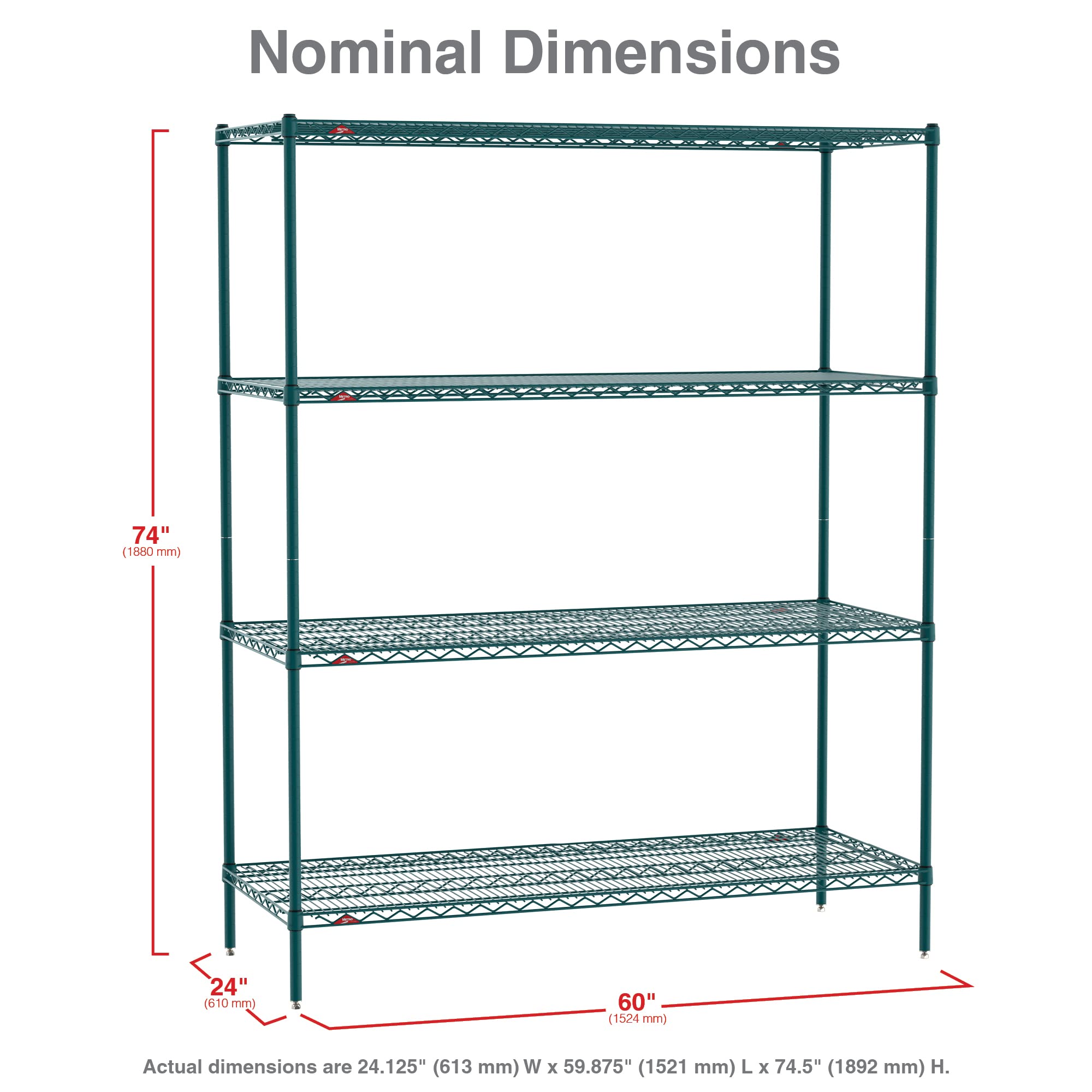 METRO Super Erecta Metroseal Green Epoxy Shelving Unit - Industrial Wire Shelving for Restaurants, Kitchens, Walk-in Coolers/Freezers with Microban - 4 Tier, 2000 lbs Capacity, 24” W x 60” L x 74” H