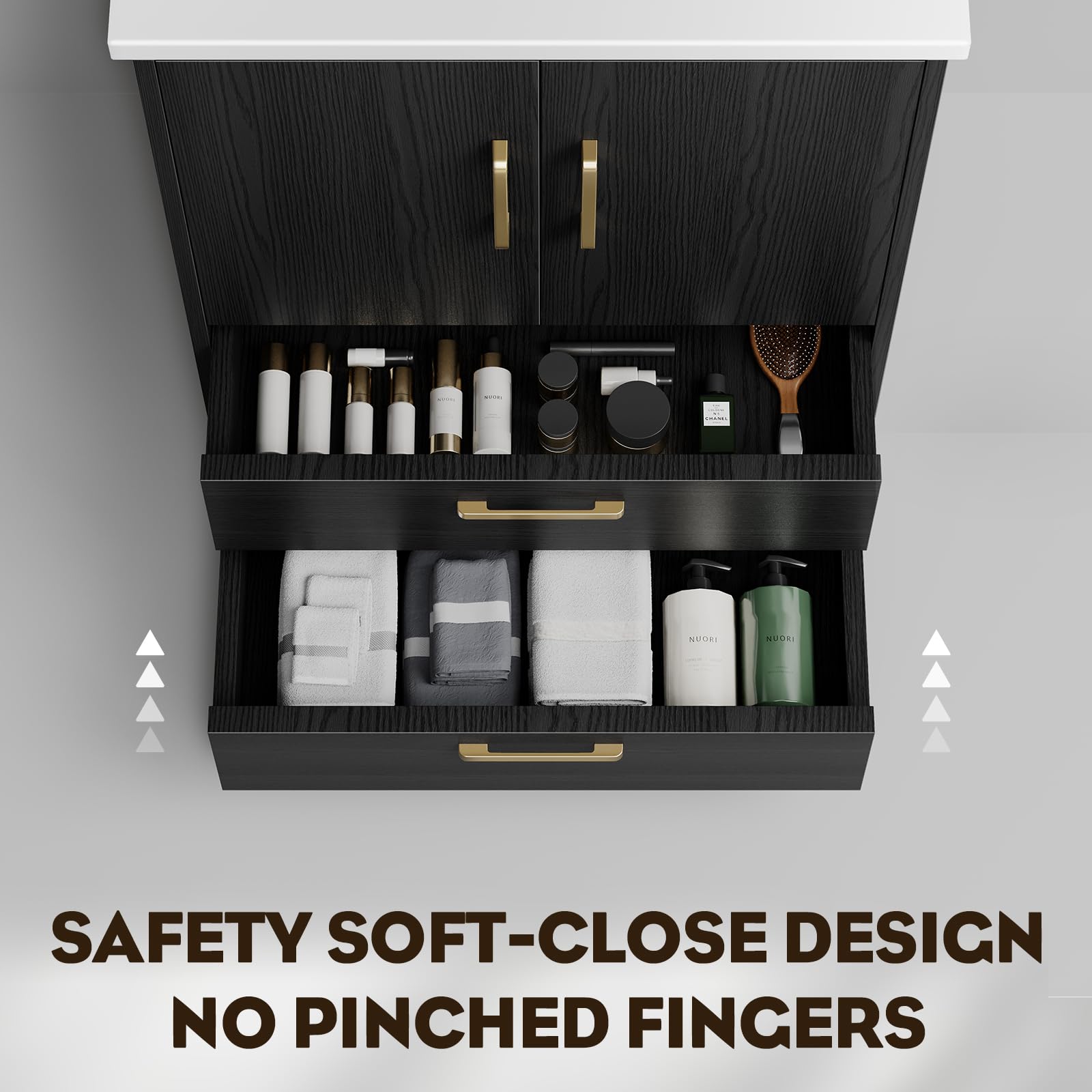 phiestina Fully Pre-Assembled Black 24 inch Bathroom Vanity with Sink, 2 Soft Close Doors and 2 Drawers Bathroom Storage Cabinet Set, with 3 Holes Single Ceramic Sink Combo, Faucet Not Included