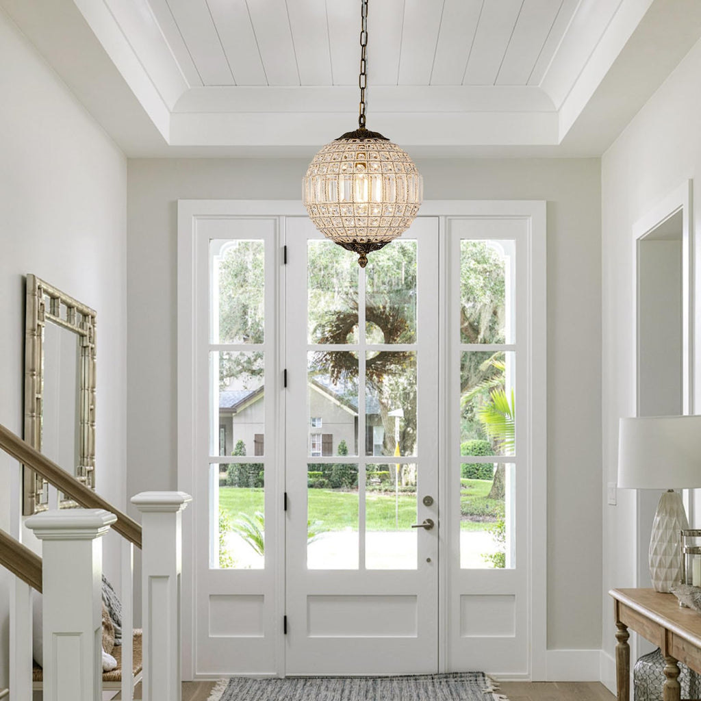 HUOKU Antique Crystal Globe Chandelier, 11.8" Vintage Small Sphere Chandelier Crystal Pendant Light Fixture for Foyer Dining Room Kitchen Island Bronze