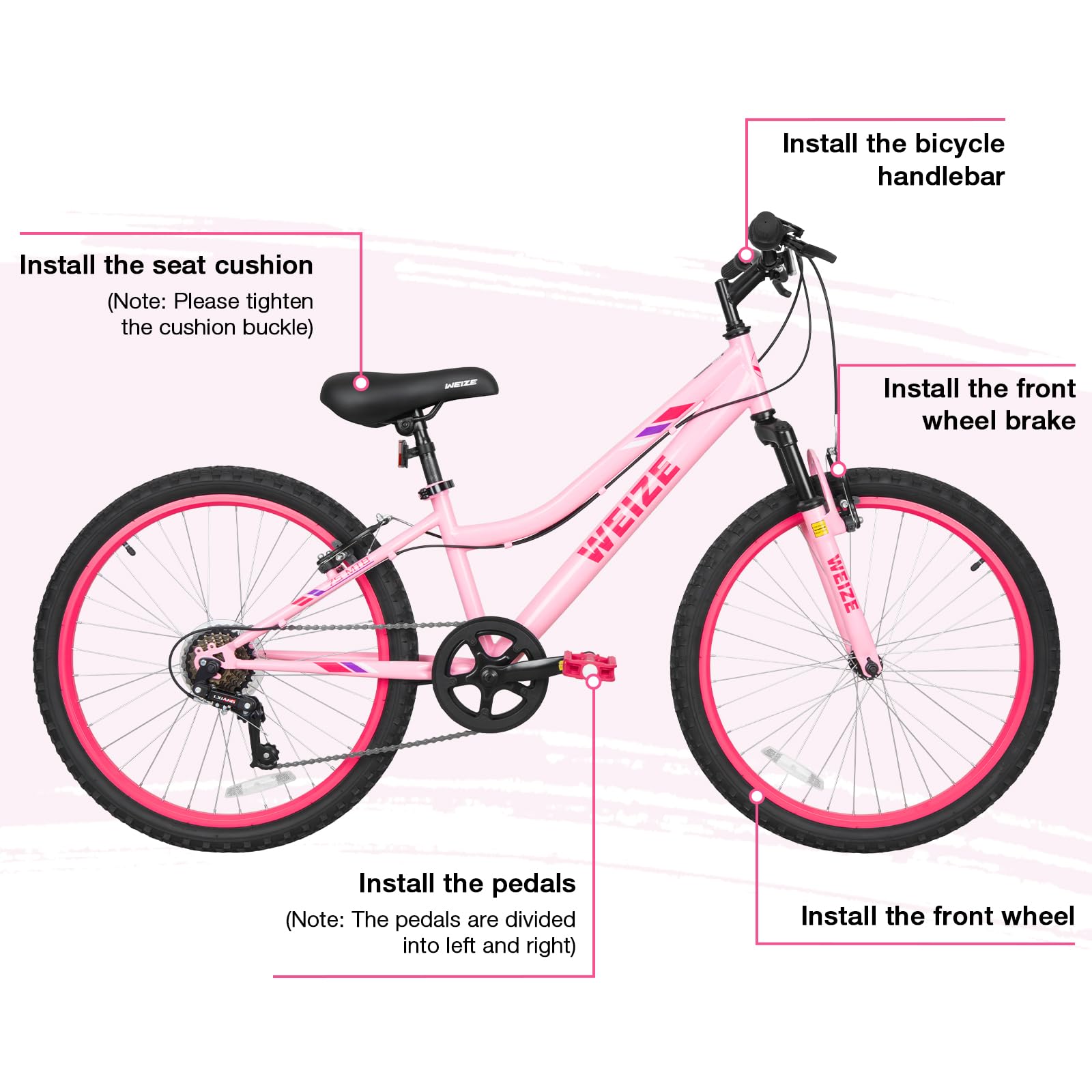 WEIZE 24 Inch Kid Mountain Bike,Kid Bike for Girls Age 6-14 Year Old,6 Speed Kid Bicycle with Front Suspension Fork,Adjustable Seat Height,High-Carbon Steel Frame,Ideal for Girl Adventurers,Pink