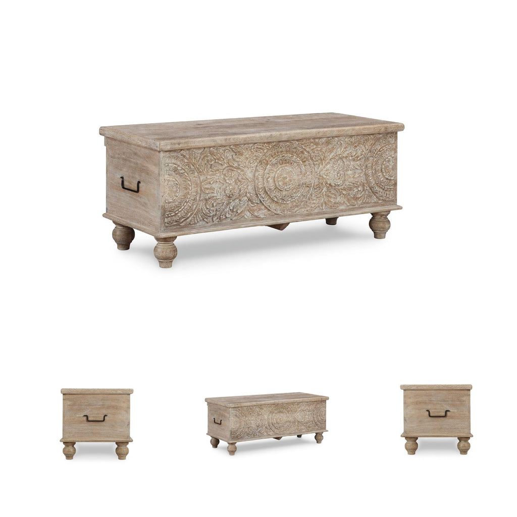 Signature Design by Ashley Fossile Ridge Boho Carved Wood Storage Bench with Hinge Top, Beige