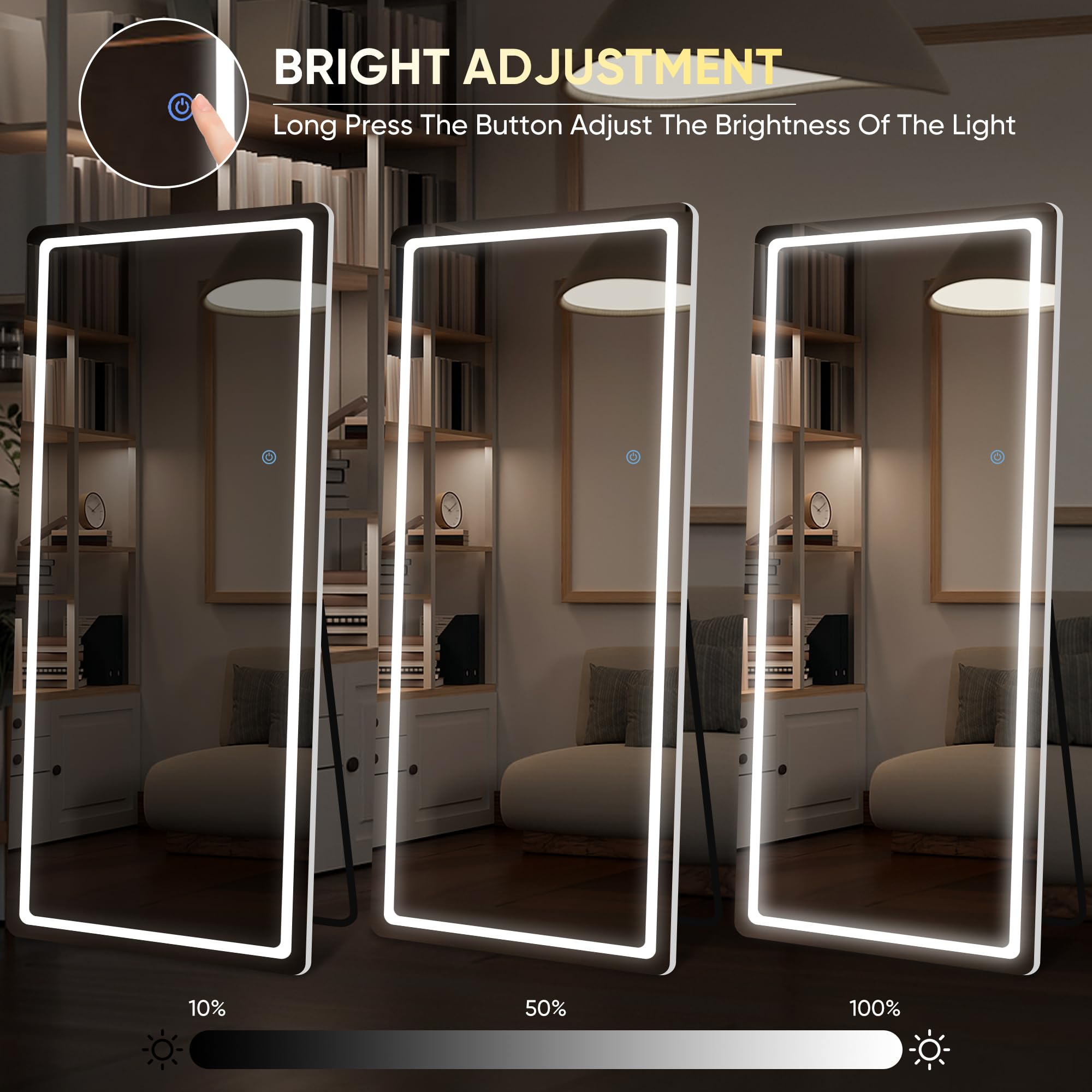 LadyNow LED Full Length Mirror, 76" x 34" Rect Style, Floor Standing or Wall Hanging, Lighted, Aluminum Frame