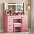 GAOMON Makeup Vanity Desk with Large Lighted Mirror, Vanity Desk with Glass Tabletop, 8 Drawers & 3 Storage Shelves, Vanity Set with Built-in Power Outlet for Bedroom & Dressing Area, Pink