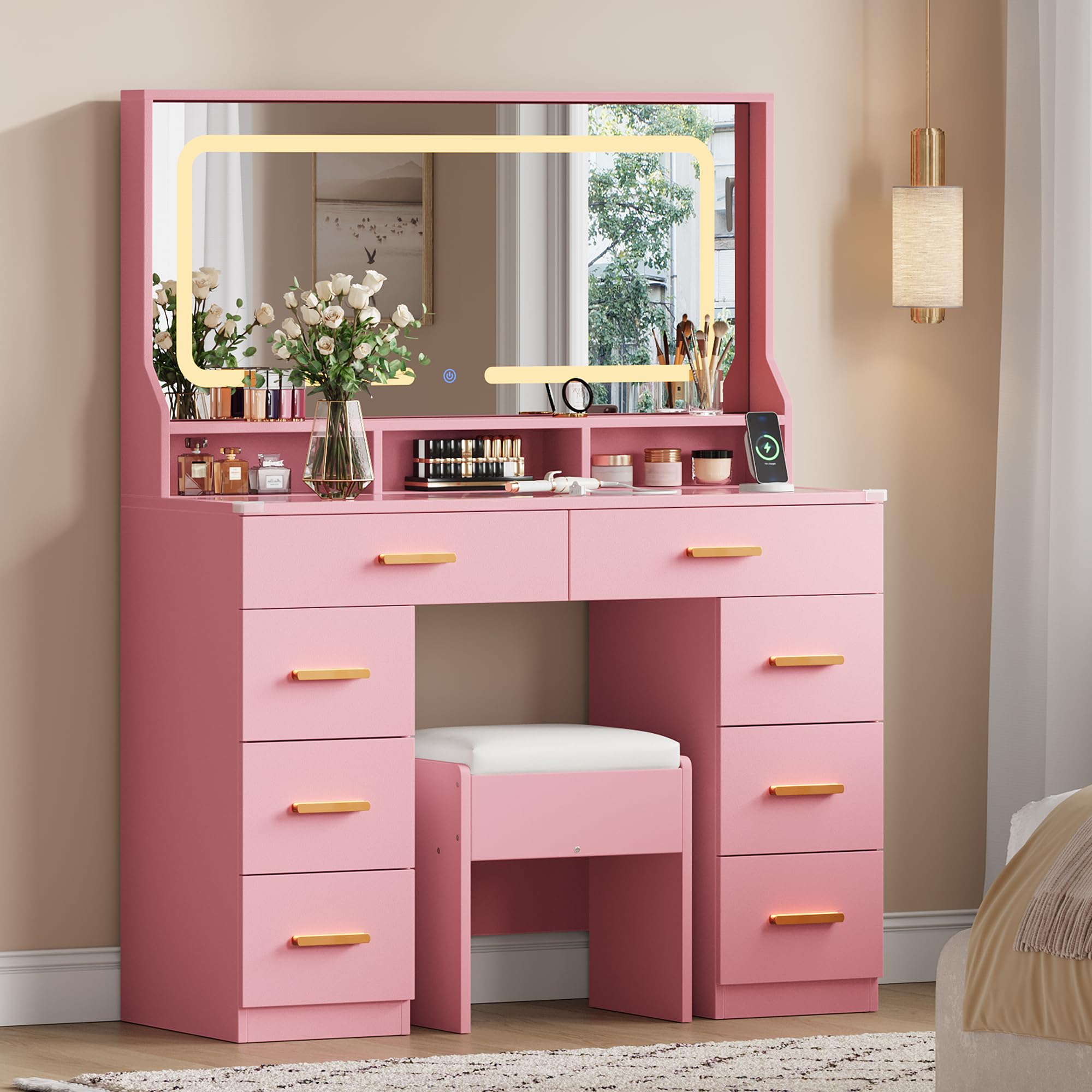 GAOMON Makeup Vanity Desk with Large Lighted Mirror, Vanity Desk with Glass Tabletop, 8 Drawers & 3 Storage Shelves, Vanity Set with Built-in Power Outlet for Bedroom & Dressing Area, Pink
