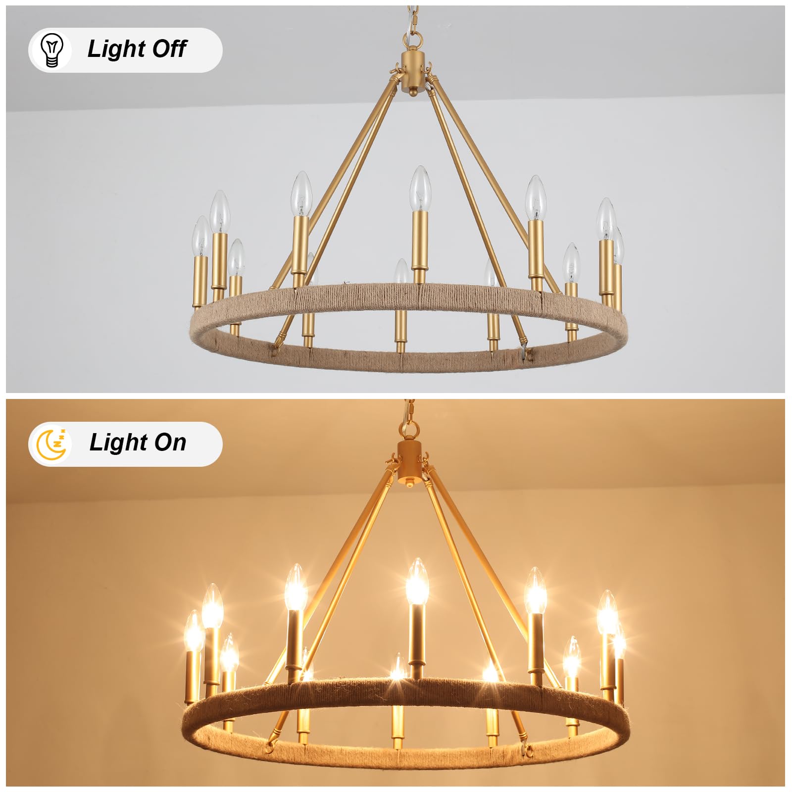 ZJVAIVE 12-Lights Gold Wagon Wheel Chandelier 26.77" Large Gold Farmhouse Chandelier Vintage Circle Light Fixture for Dining Room Kitchen Island Height Ceiling Living Room
