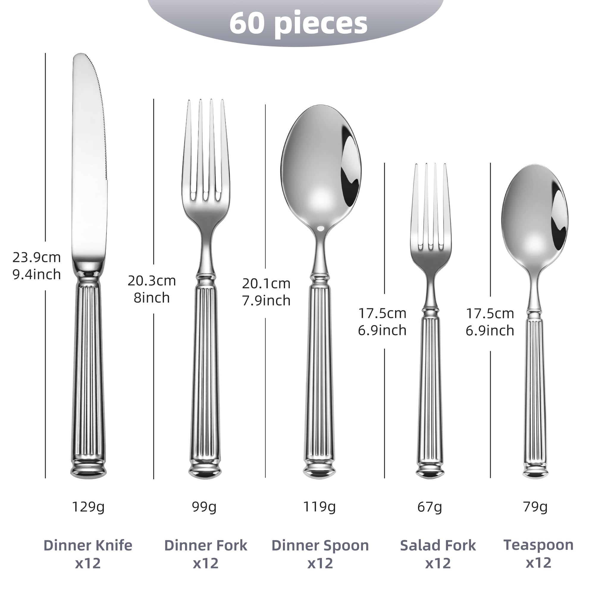60-Piece 18/10 Heavy Duty Flatware Set for 12, High End Thick Handle Silverware Set, Luxury Forged Design, Dishwasher Safe