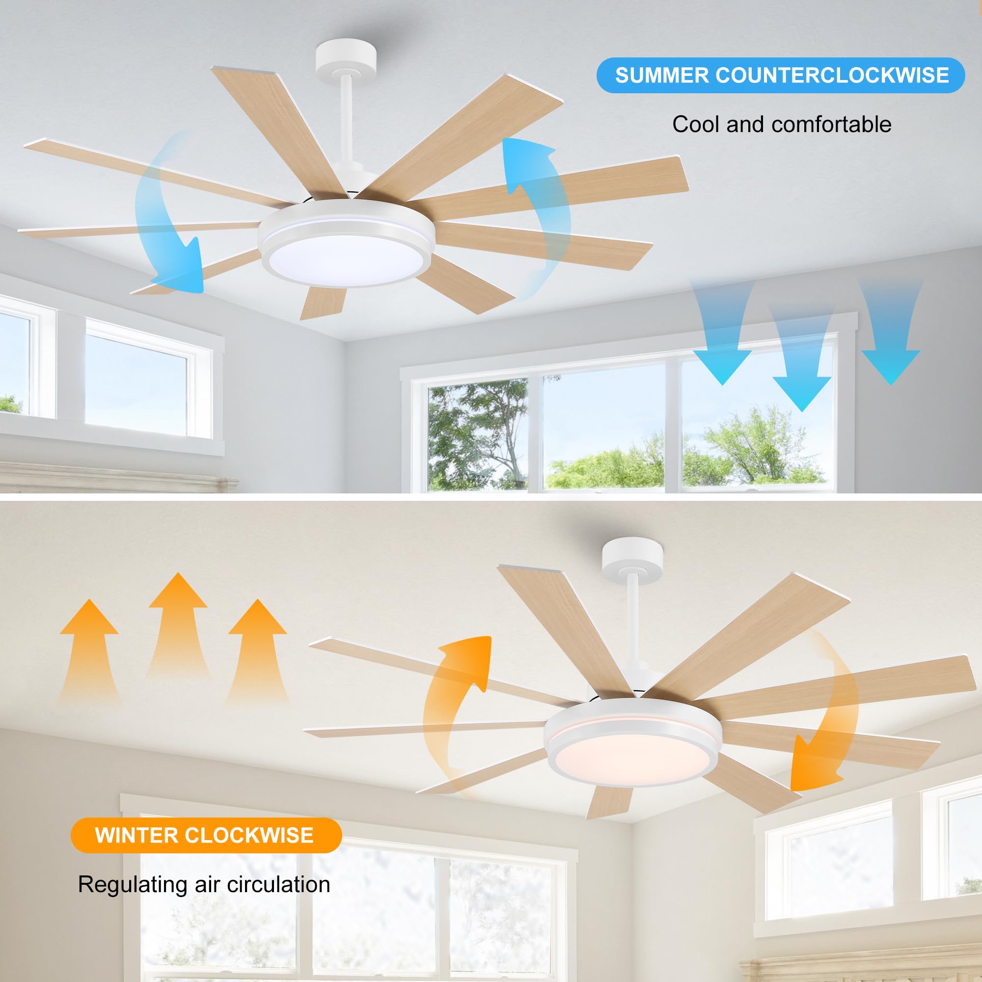 WINGBO 60" Ceiling Fan with Light - Large LED Dimmable Light, 6-Speed Remote Control, Reversible DC Motor, Modern Ceiling Fan 9 Blades for Bedroom, Living Room, Indoor Outdoor White and Oak