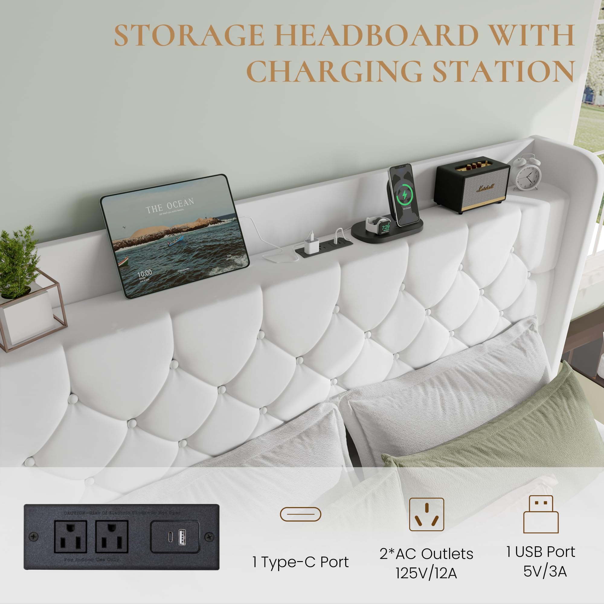 SHA CERLIN King Size Platform Bed Frame with Charging Station, Velvet Wingback Headboard with Storage Shelf, Wooden Slats Support, Ample Under-Bed Space, No Box Spring Needed, Easy Assembly, White