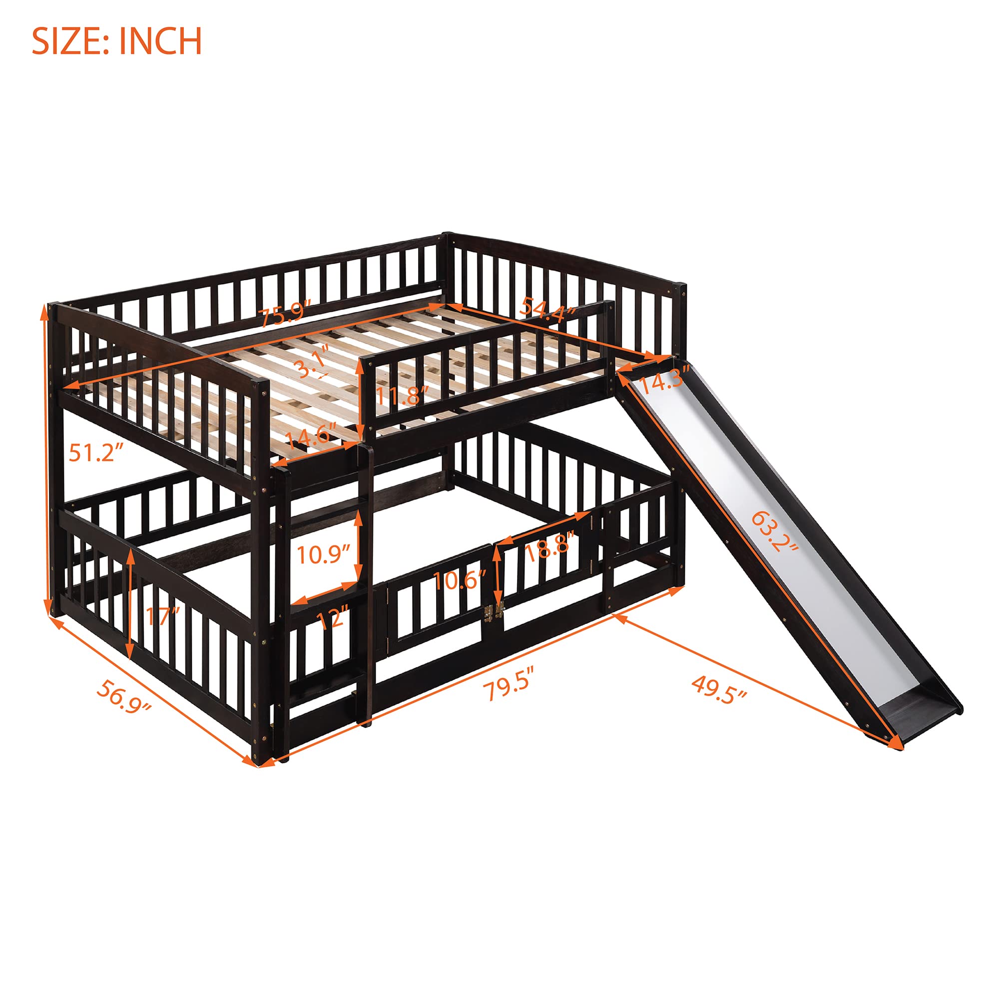 Bellemave Bunk Bed Full Over Full with Slide and Stairs, Bunk Bed for Kids, Girls, Boys, Floor Bunk beds with Fence and Door, Espresso