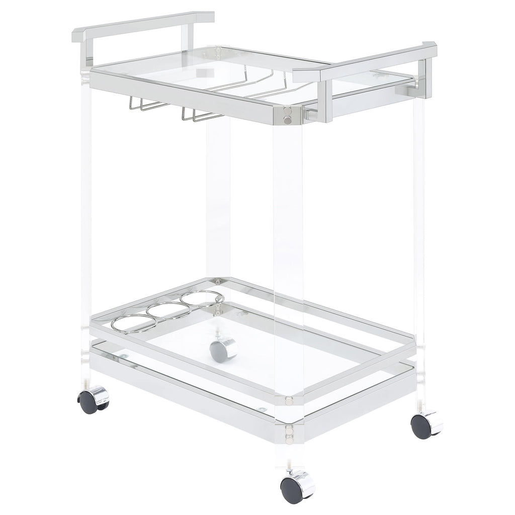 BOWERY HILL Bar Cart, Chrome Finish, Acrylic and Metal Frame with Glass Shelves, 35" H x 28.5" W x 17.25" D, Wine Bottle and Stemware Racks, Contemporary Style Serving Cart with Wheels