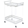 BOWERY HILL Bar Cart, Chrome Finish, Acrylic and Metal Frame with Glass Shelves, 35" H x 28.5" W x 17.25" D, Wine Bottle and Stemware Racks, Contemporary Style Serving Cart with Wheels