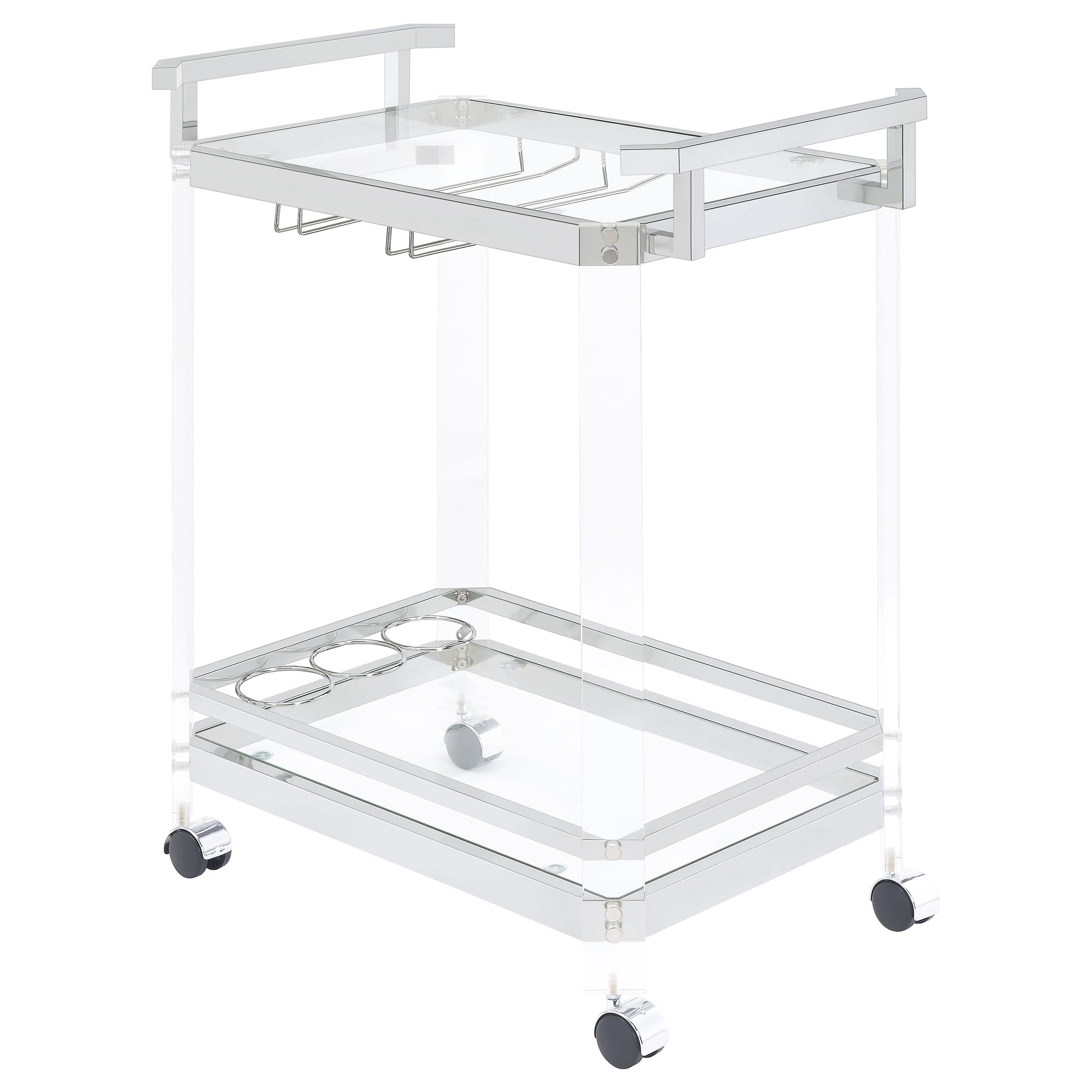 BOWERY HILL Bar Cart, Chrome Finish, Acrylic and Metal Frame with Glass Shelves, 35" H x 28.5" W x 17.25" D, Wine Bottle and Stemware Racks, Contemporary Style Serving Cart with Wheels