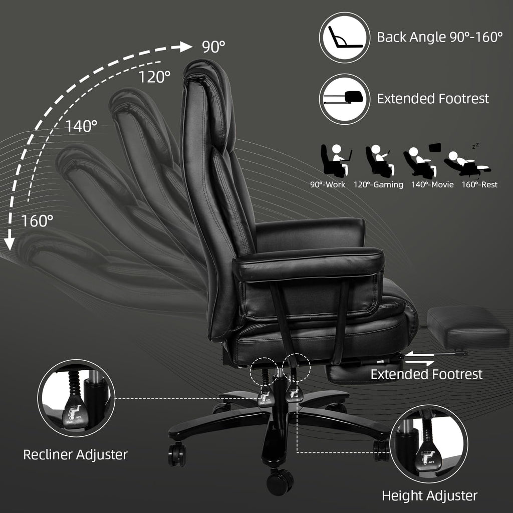 Sucrever Reclining Office Chair with Footrest, Big and Tall Home Office Desk Chairs 400lbs with High Back, Criss Cross Wide Seat, Heavy Duty Base, Pu Leather, Black